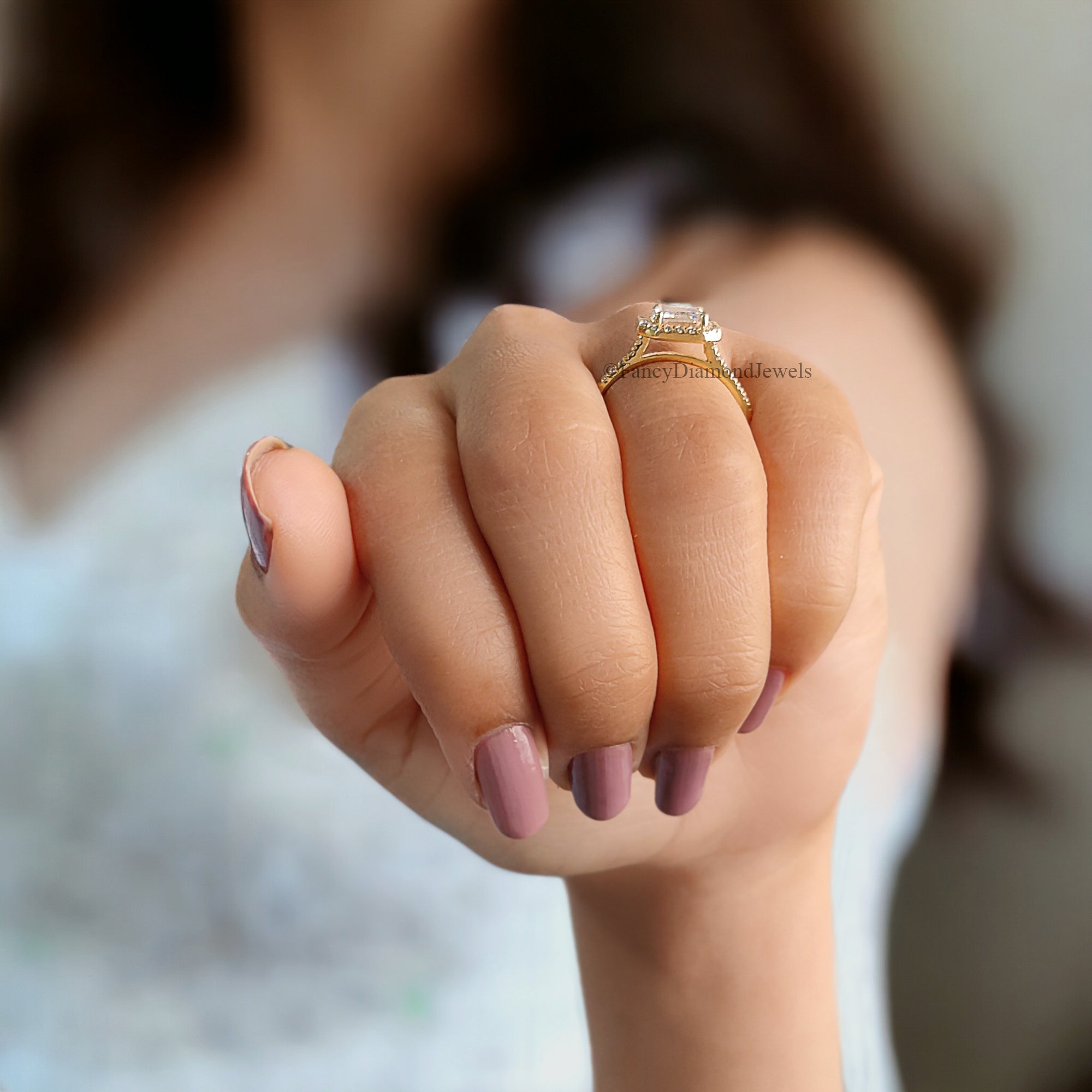 1.5 CT Emerald Cut Moissanite Solitaire Ring 14K Yellow Gold Engagement Ring Halo Setting Statement Ring Gift For Her Anniversary Ring FD89