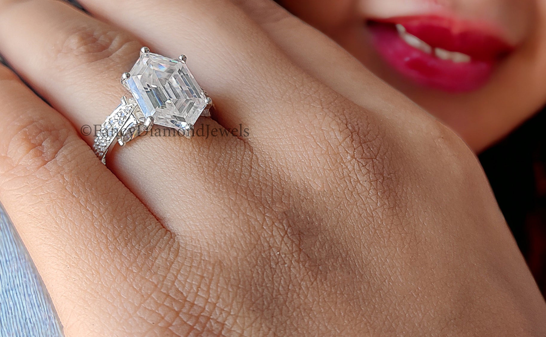 5.50 CTW Elongated Hexagon Cut Moissanite Gold Ring Art Deco Vintage Ring Set Anniversary Engagement Hidden Halo Bridal Wedding Ring FD01