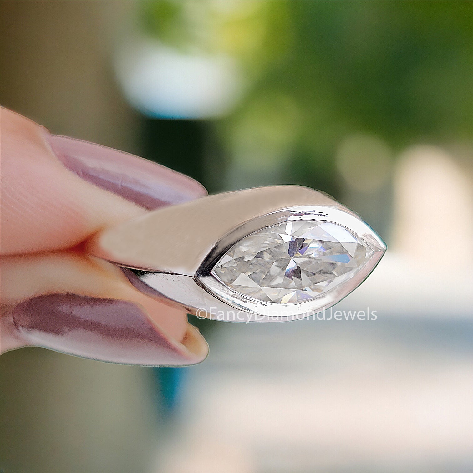 2 CT Marquise Moissanite Wedding Ring Colorless Moissanite Bridal Ring Bezel Set Solitaire Moissanite Knife Edge Shank Engagement Ring FD03