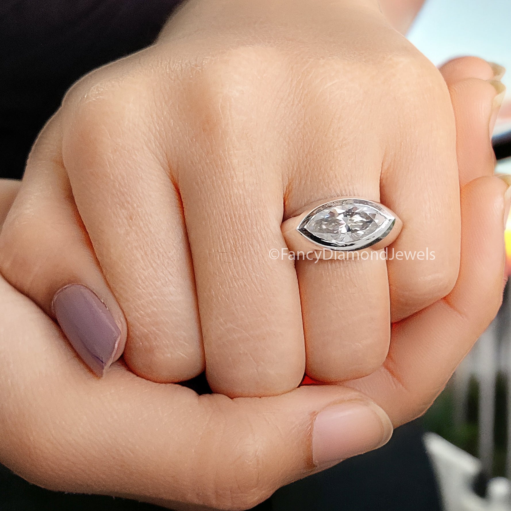 2 CT Marquise Moissanite Wedding Ring Colorless Moissanite Bridal Ring Bezel Set Solitaire Moissanite Knife Edge Shank Engagement Ring FD03