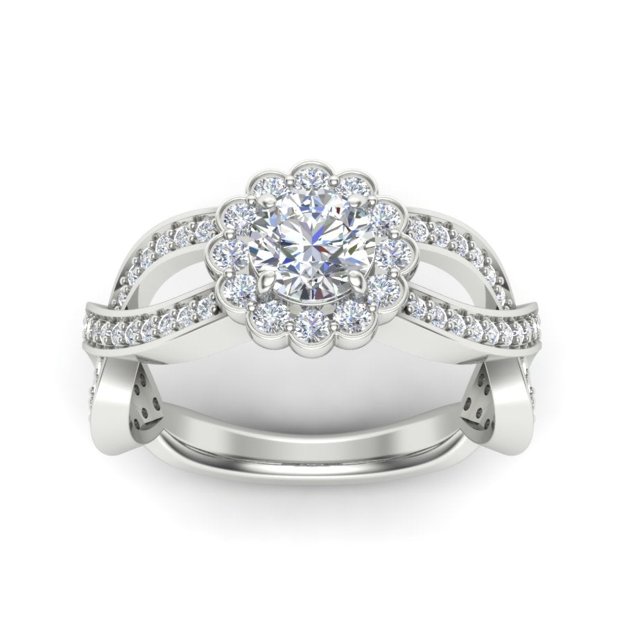 1.34 TW Round Cut Lab Grown Diamond Ring Pave Setting with Crossover Band engagement Ring Bridal Wedding Ring PR088