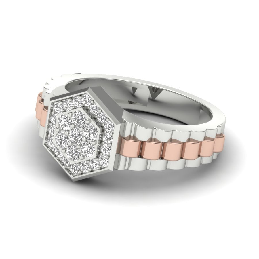 Hexagon Band Diamond Ring 0.51 TW Two Tone Design Round Cut Lab Grown Diamond Ring Engagement Ring Prong Setting Design Ring Wedding Ring PR431