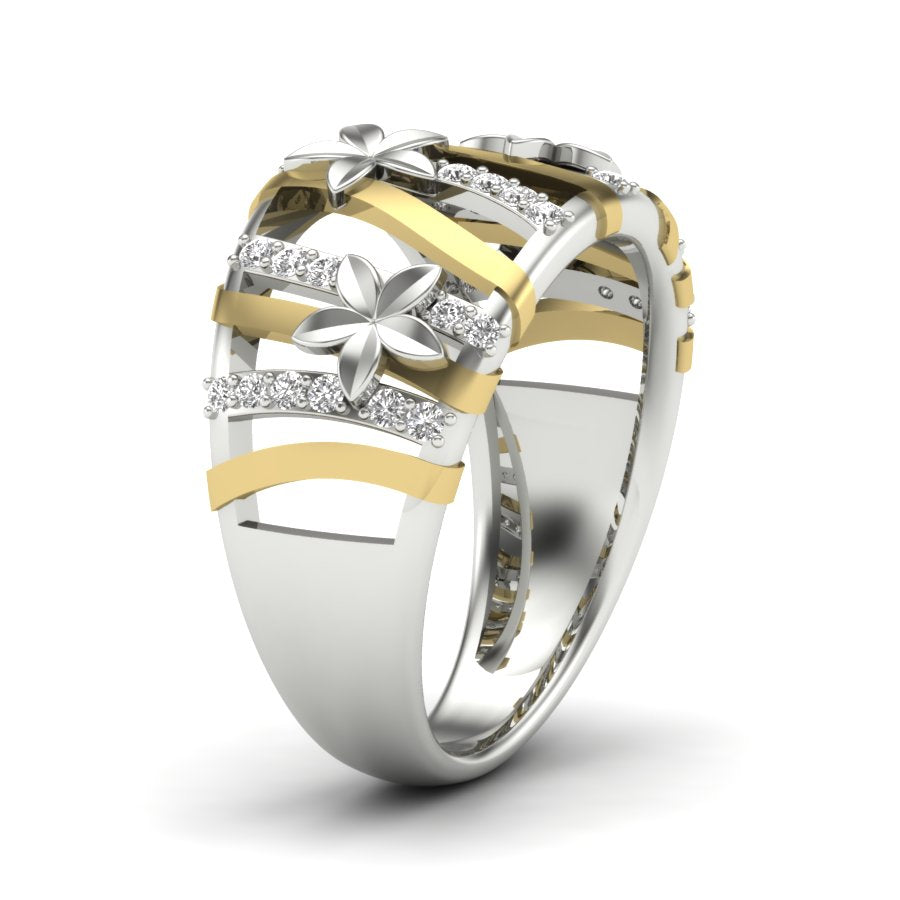 0.13 TW Flower Ring With Crossover Ring Round Cut Lab Grown Diamond Two Tone Gold Engagement Ring Wedding Ring PR534