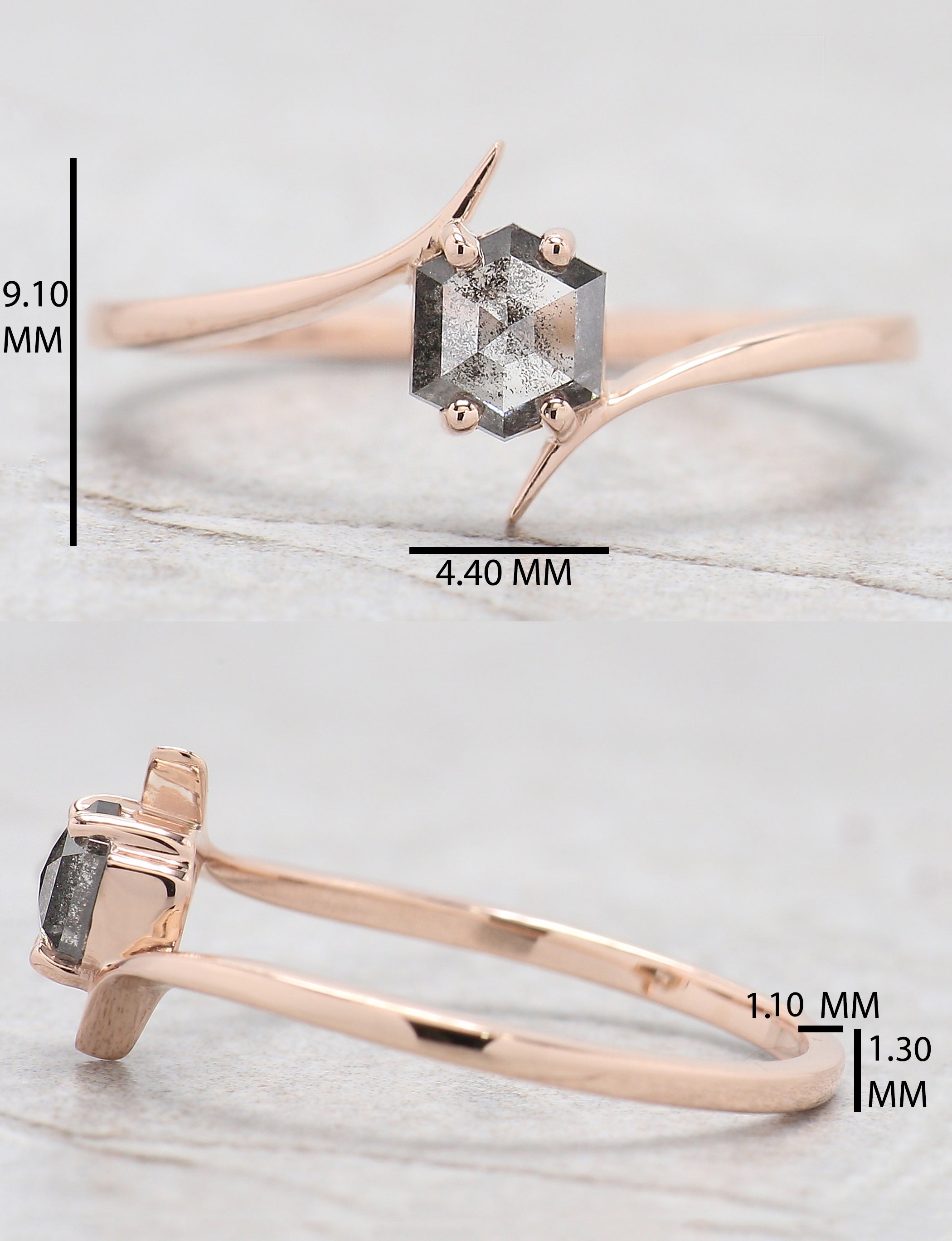 Hexagon Shape Black Color Diamond Ring 0.43 Ct 5.00 MM Hexagon Diamond Ring 14K Solid Rose Gold Silver Engagement Ring Gift For Her QN601