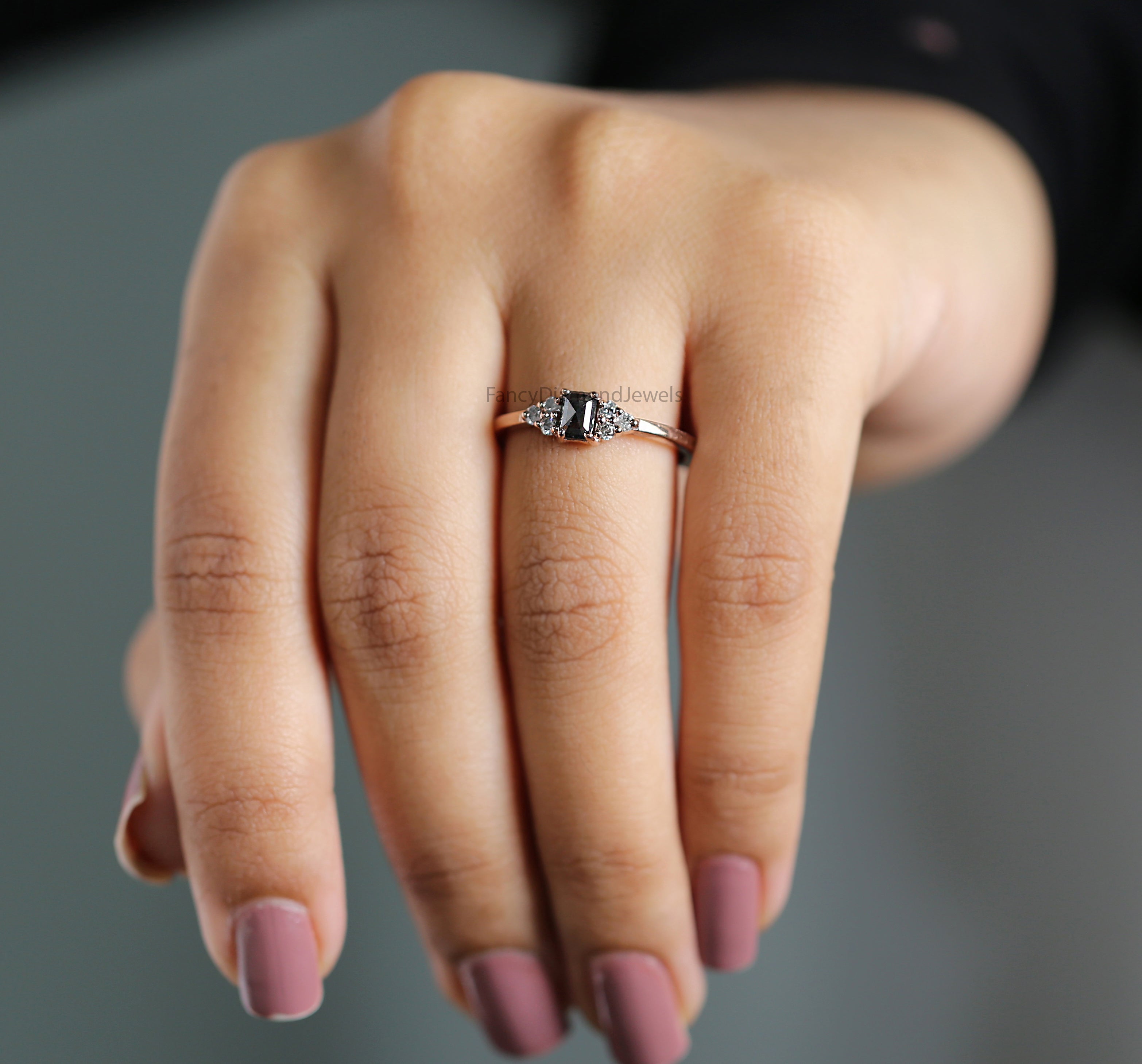 Emerald Salt And Pepper Diamond Ring 0.38 Ct 4.65 MM Emerald Diamond Ring 14K Solid Rose Gold Silver Engagement Ring Gift For Her QK180