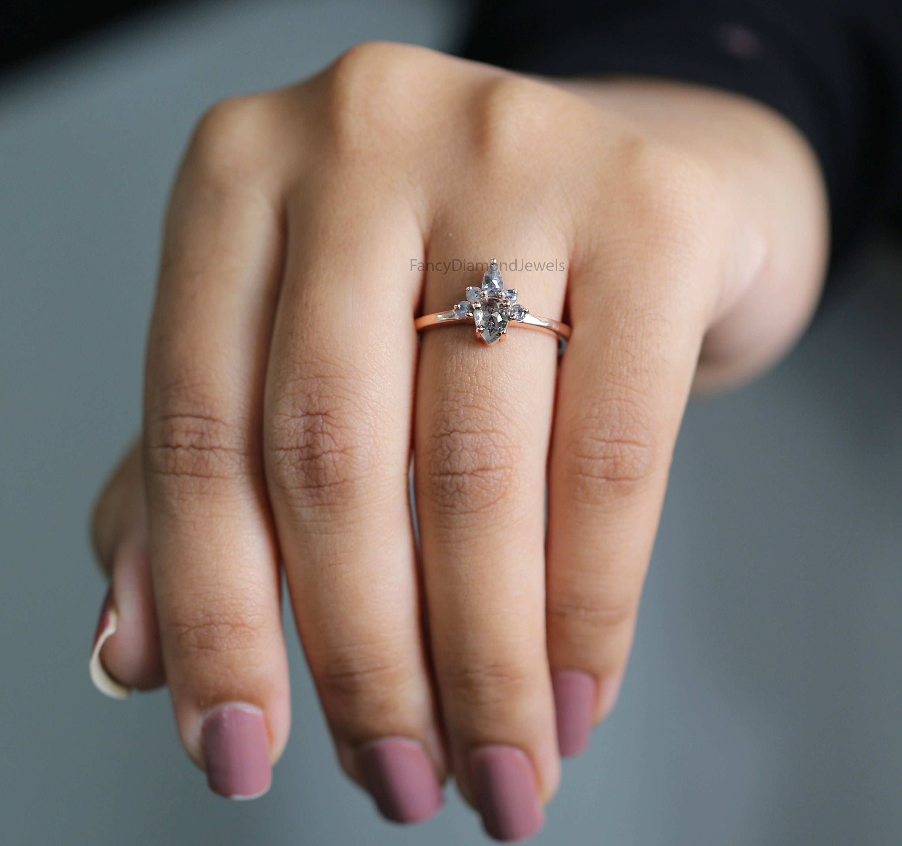 Salt And Pepper Pear Diamond Ring, Natural Pear Diamond Ring, Pear Diamond Engagement Ring, Multi Pear Diamond Ring, Pear Cut Ring, KD1121