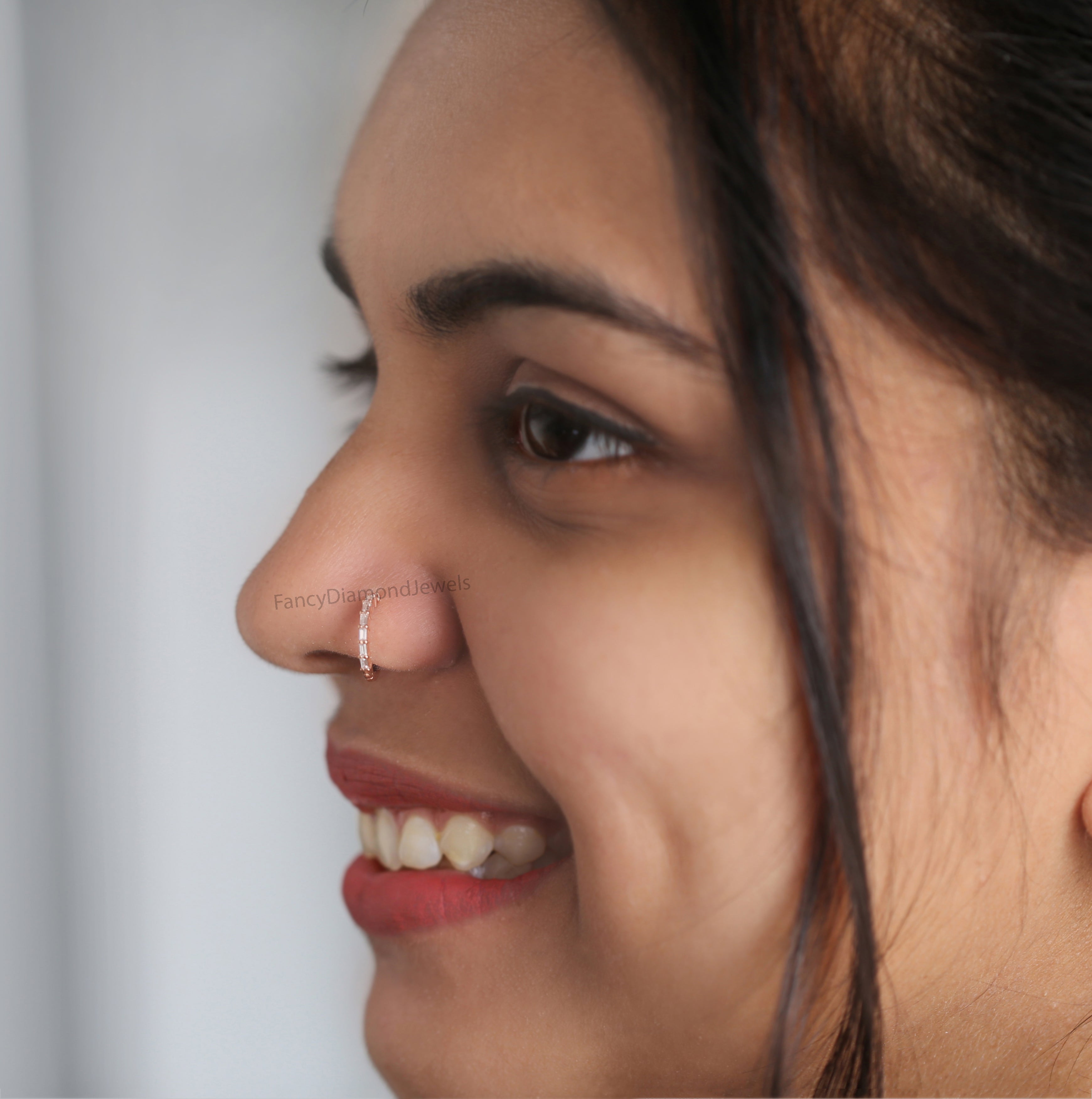 Natural White Baguette Diamond Nose Rings Engagement Wedding Gift Nose Ring 14K Solid Rose White Yellow Gold Nose Ring 0.09 CT KD1030