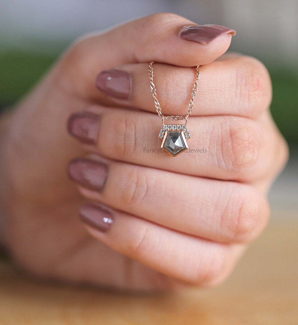 Pentagon Cut Salt And Pepper Diamond Pendant 1.31 Ct 6.75 MM Pentagon Shape Diamond Pendant 14K Rose Gold Silver Engagement Pendant QN521