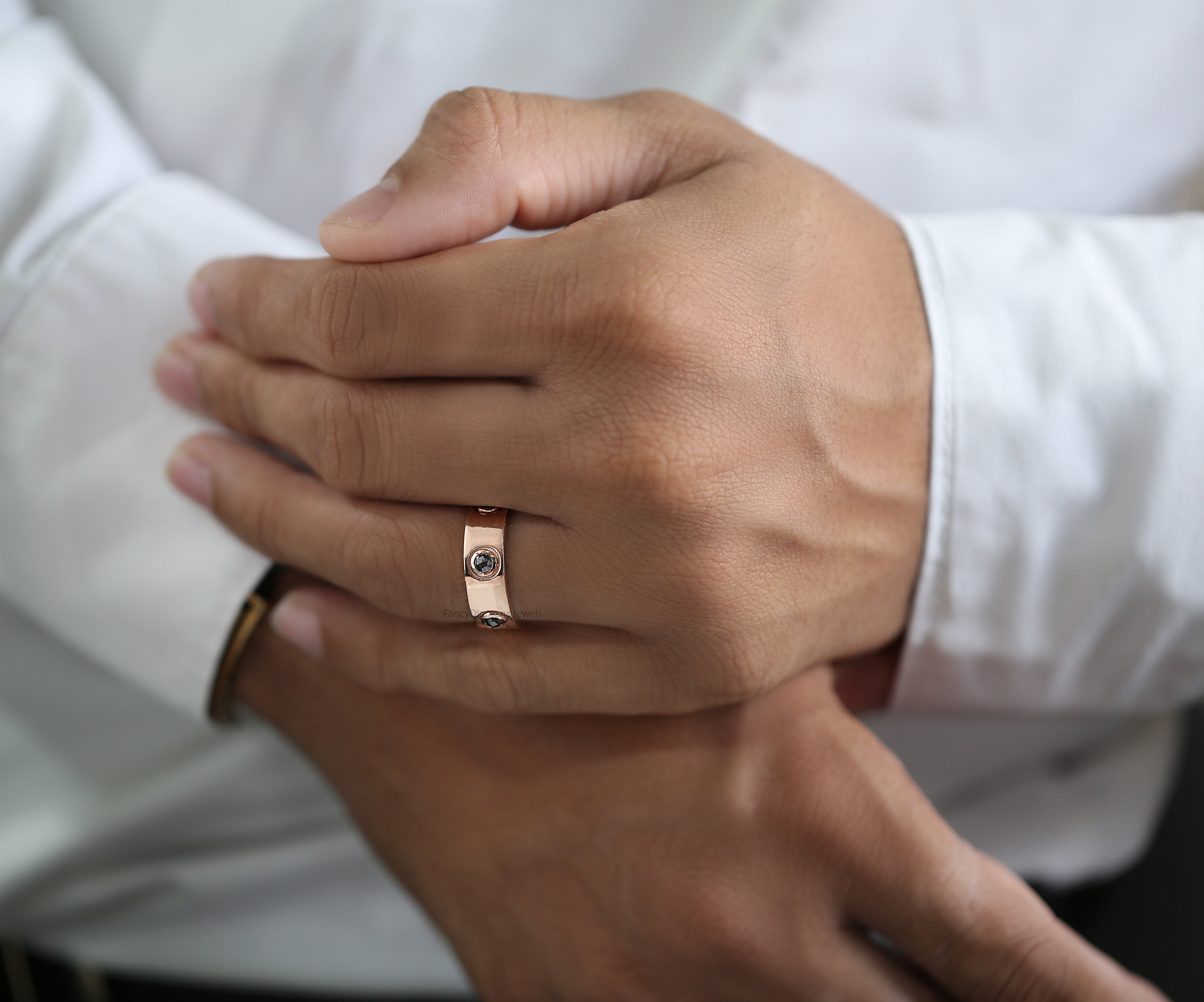 Round Rose Cut Salt And Pepper Diamond Band 1.17 Ct 3.30 MM Round Diamond Band 14K Rose Gold Silver Engagement Band Gift For Him QL6222