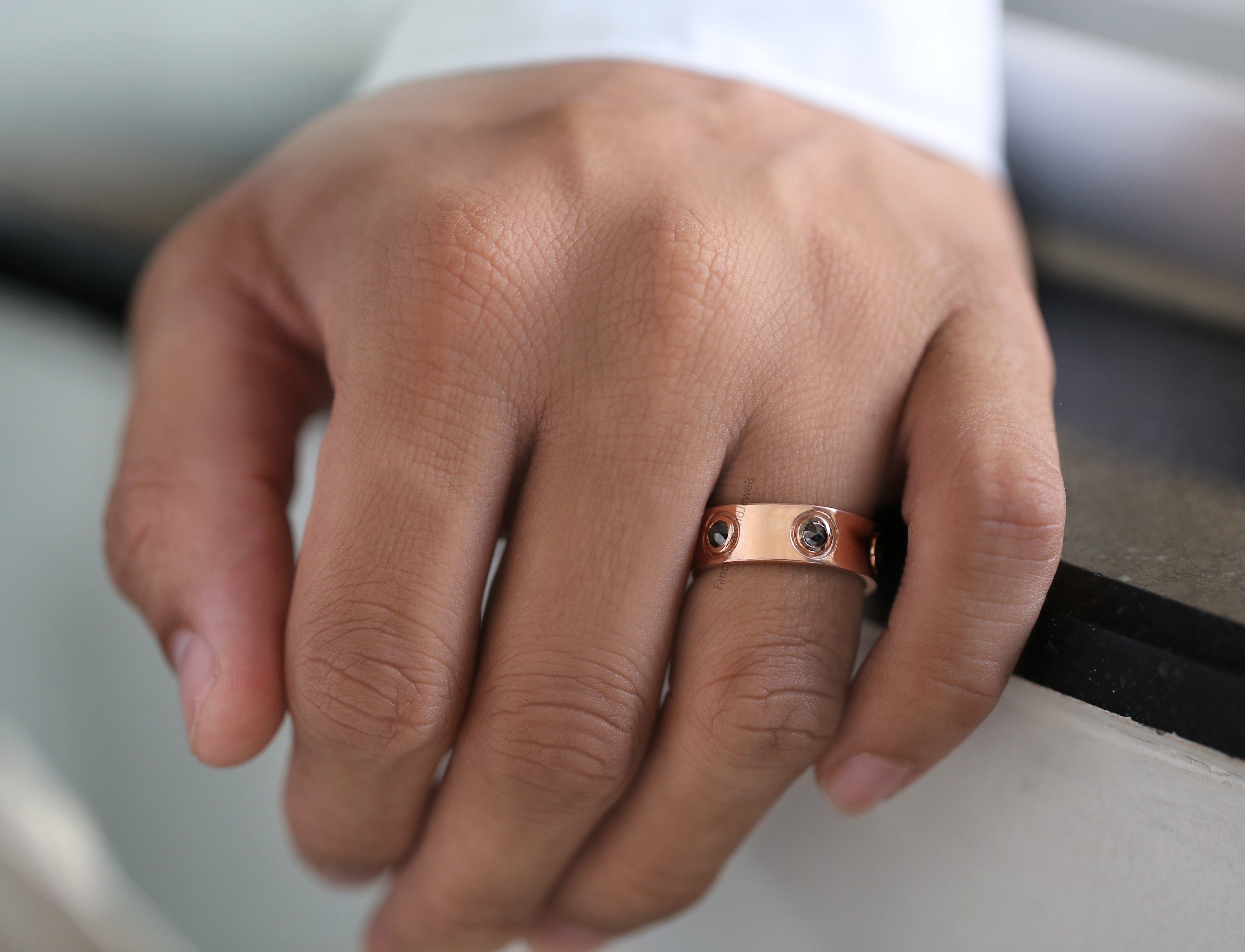 Round Rose Cut Salt And Pepper Diamond Band 1.17 Ct 3.30 MM Round Diamond Band 14K Rose Gold Silver Engagement Band Gift For Him QL6222