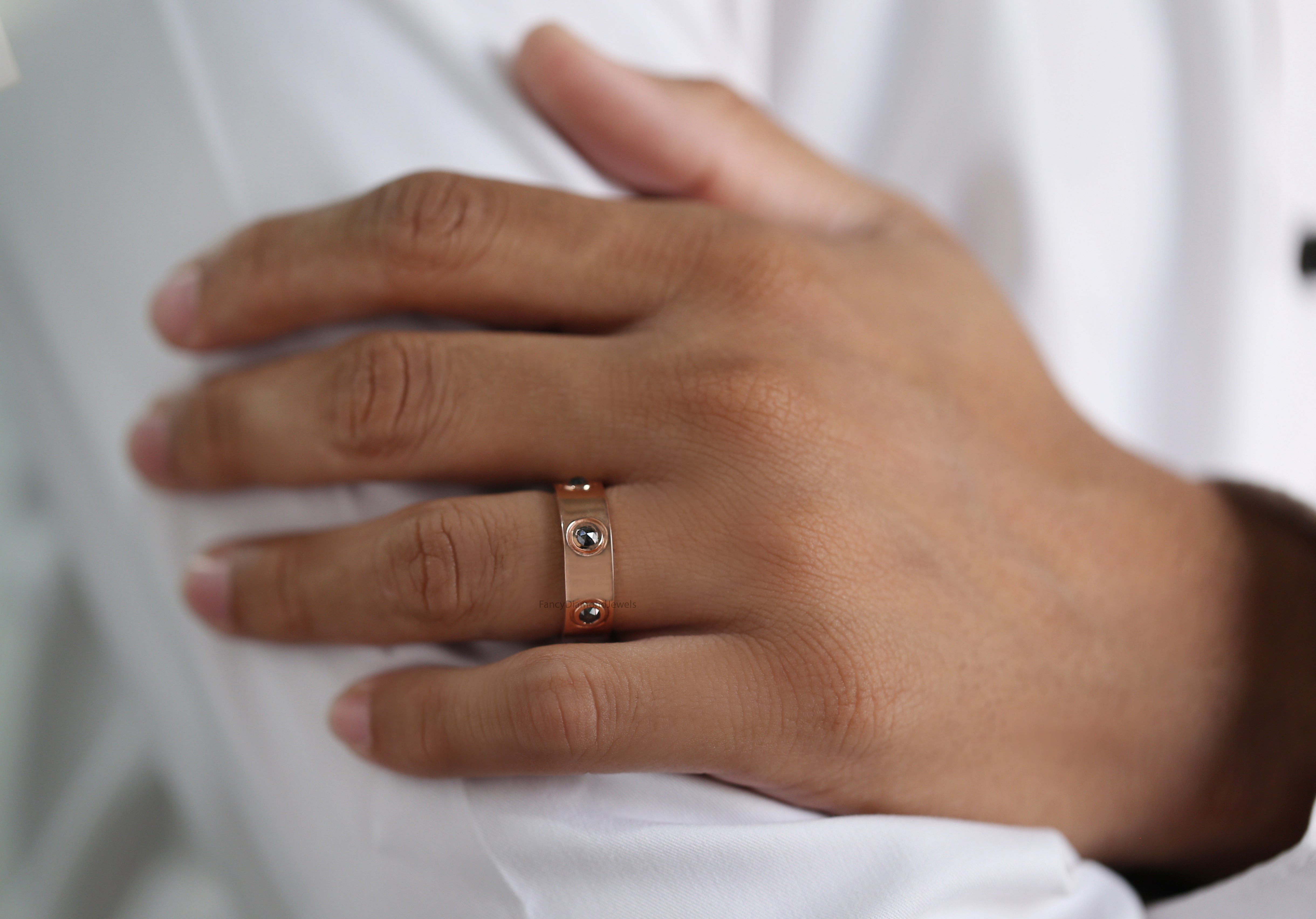 Round Rose Cut Salt And Pepper Diamond Band 1.17 Ct 3.30 MM Round Diamond Band 14K Rose Gold Silver Engagement Band Gift For Him QL6222