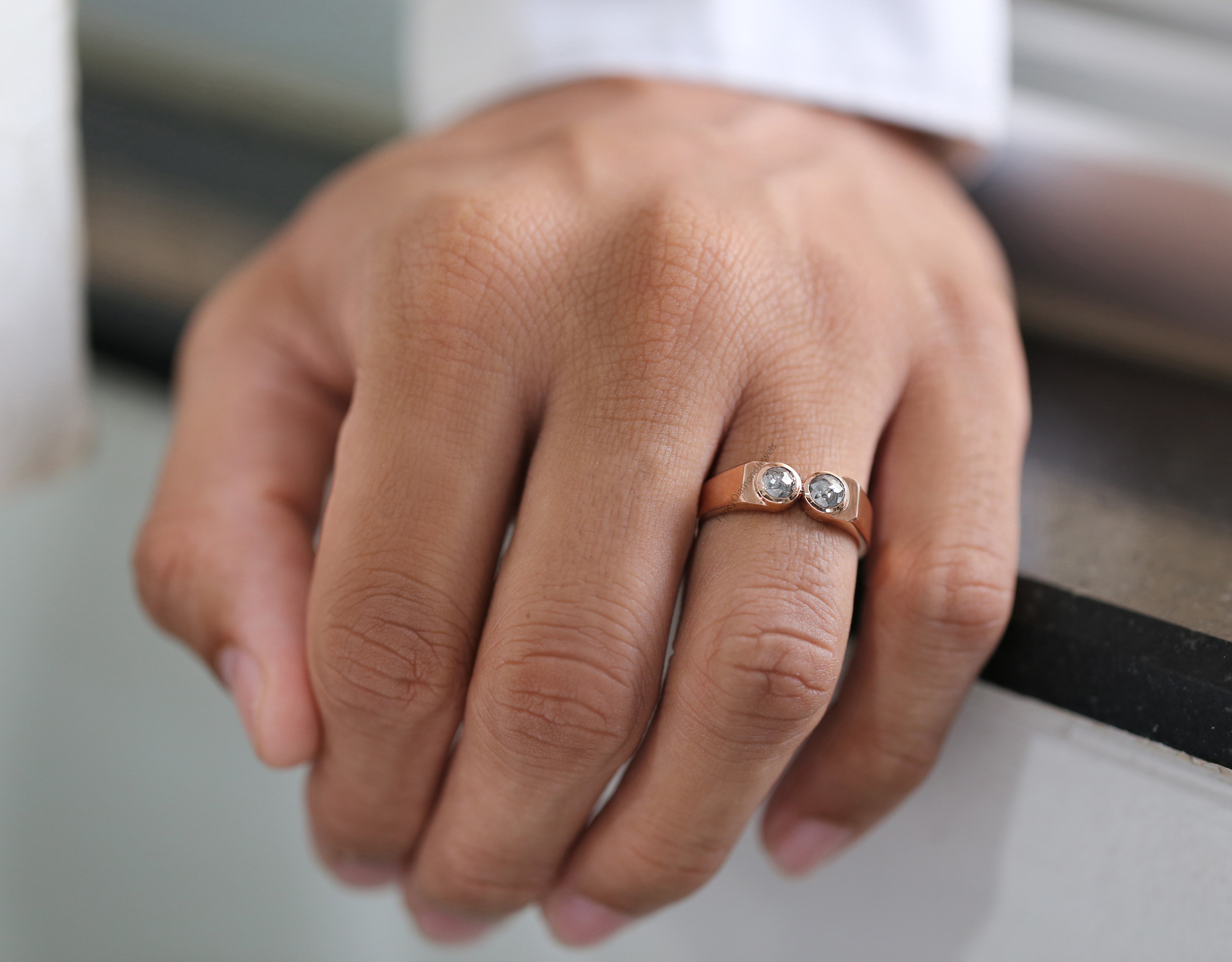 Round Rose Cut Salt And Pepper Diamond Band 0.98 Ct 4.55 MM Round Diamond Band 14K Rose Gold Silver Engagement Band Gift For Him QK2442