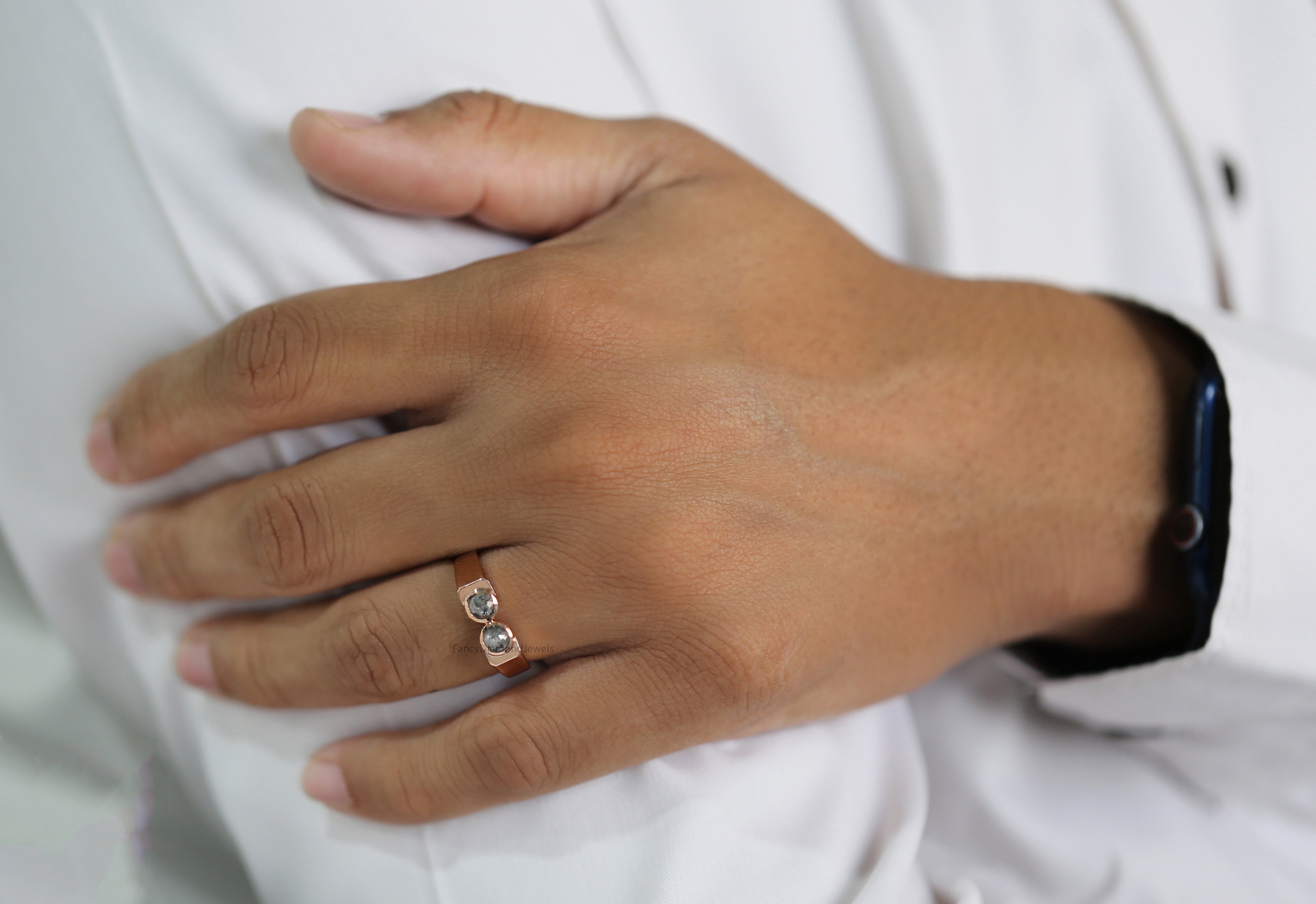 Round Rose Cut Salt And Pepper Diamond Band 0.98 Ct 4.55 MM Round Diamond Band 14K Rose Gold Silver Engagement Band Gift For Him QK2442