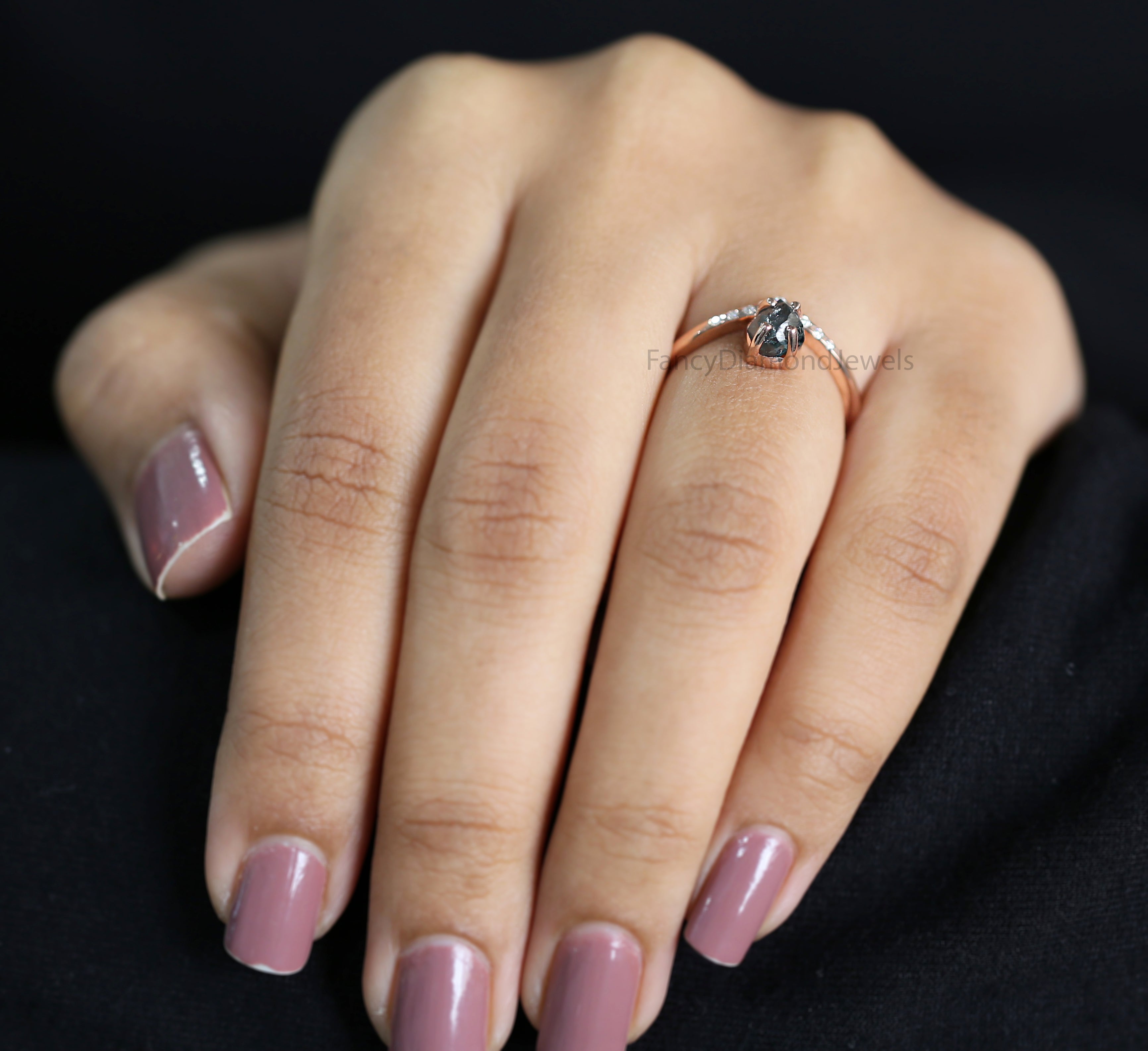 0.97 Ct Natural Rough Cut Blue Color Diamond Ring 5.65 MM Crystal Rough Diamond Ring 14K Solid Rose Gold Silver Engagement Ring QL2347