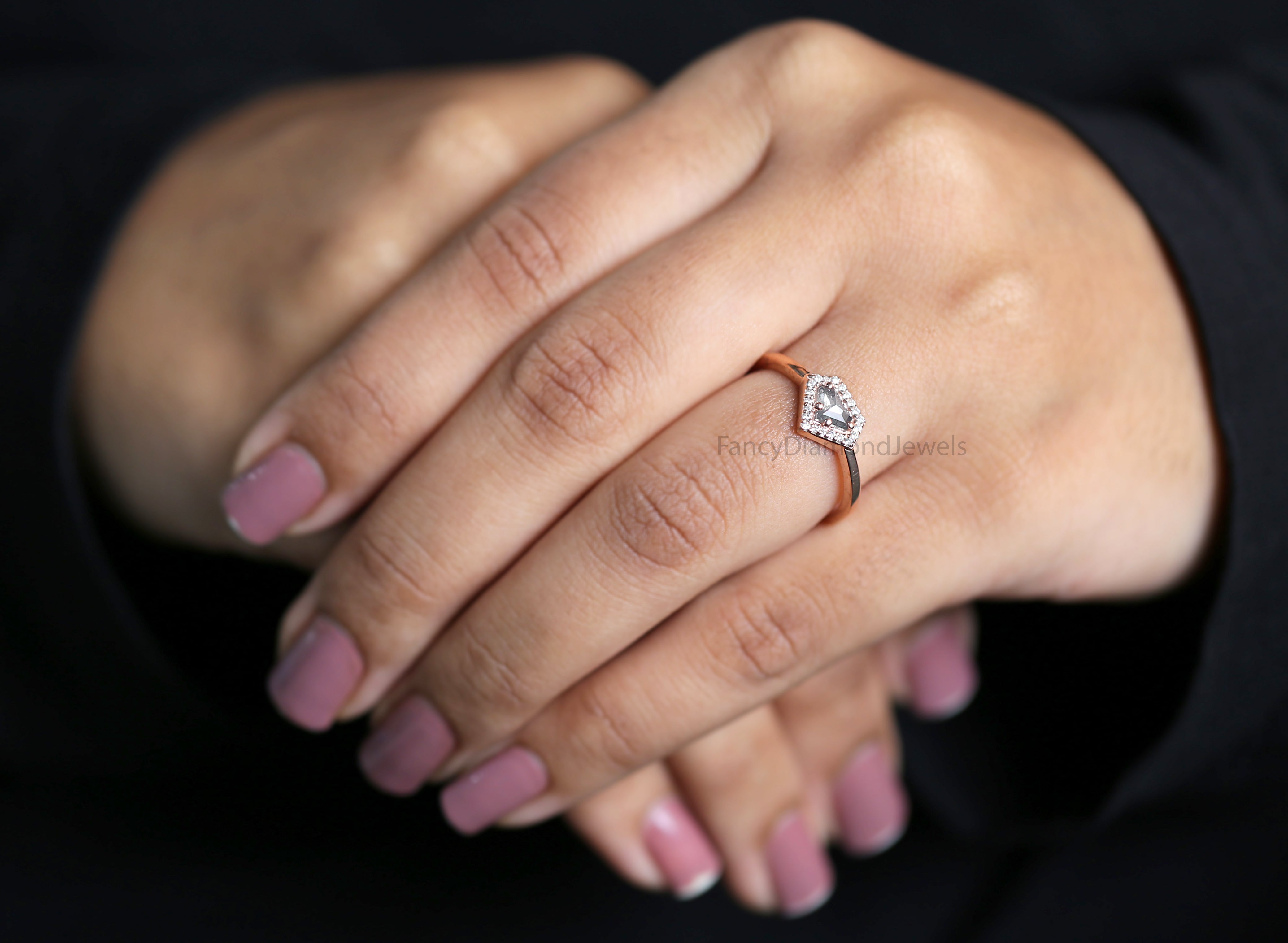 Shield salt and pepper Diamond Ring, Salt and pepper Shield Diamond Engagement Ring, Shield Diamond Ring, Halo Ring, Shield Ring, KD1122