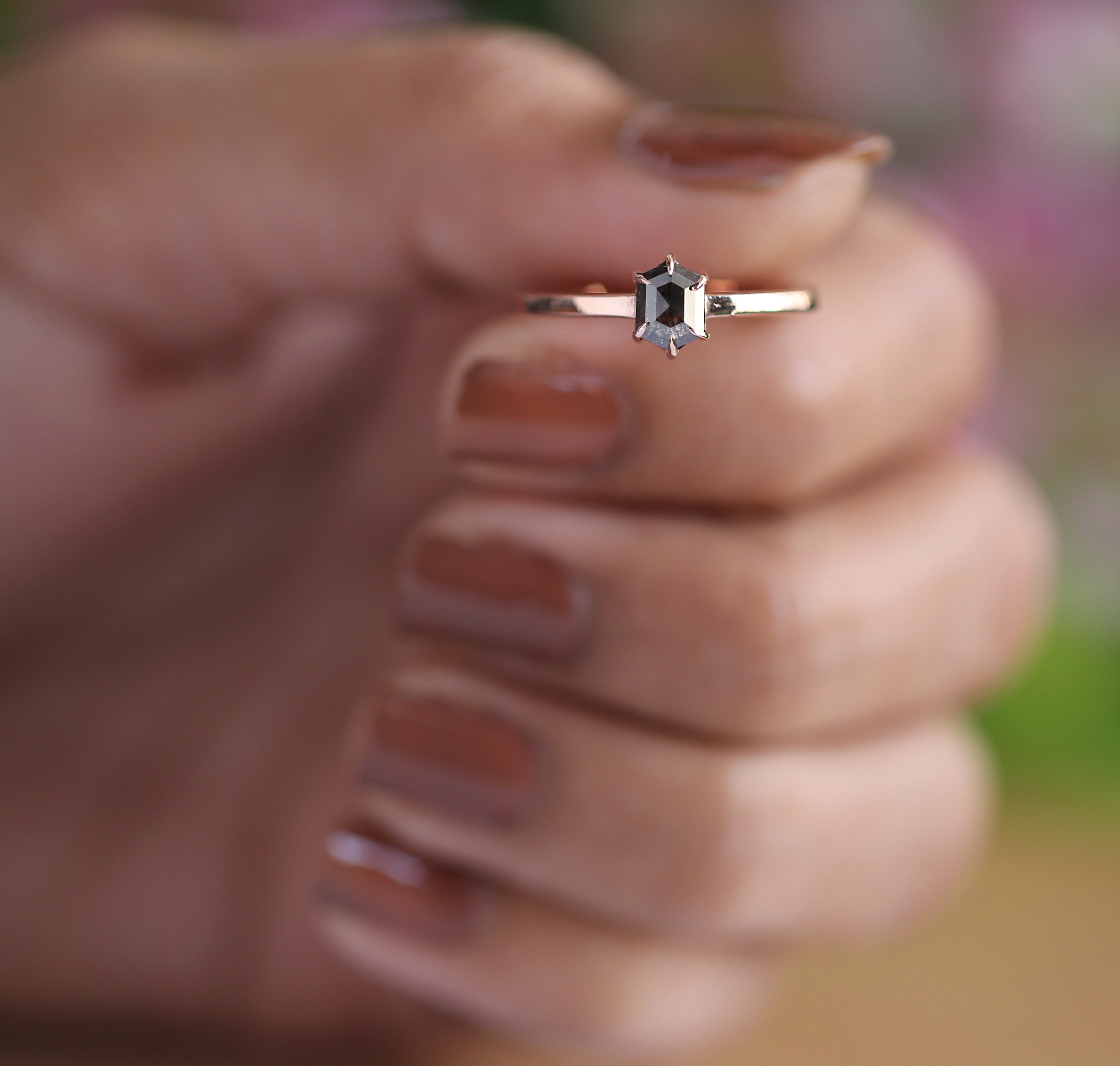 Hexagon Cut Salt And Pepper Diamond Ring 0.50 Ct 5.50 MM Hexagon Diamond Ring 14K Solid Rose Gold Silver Engagement Ring Gift For Her QN1466