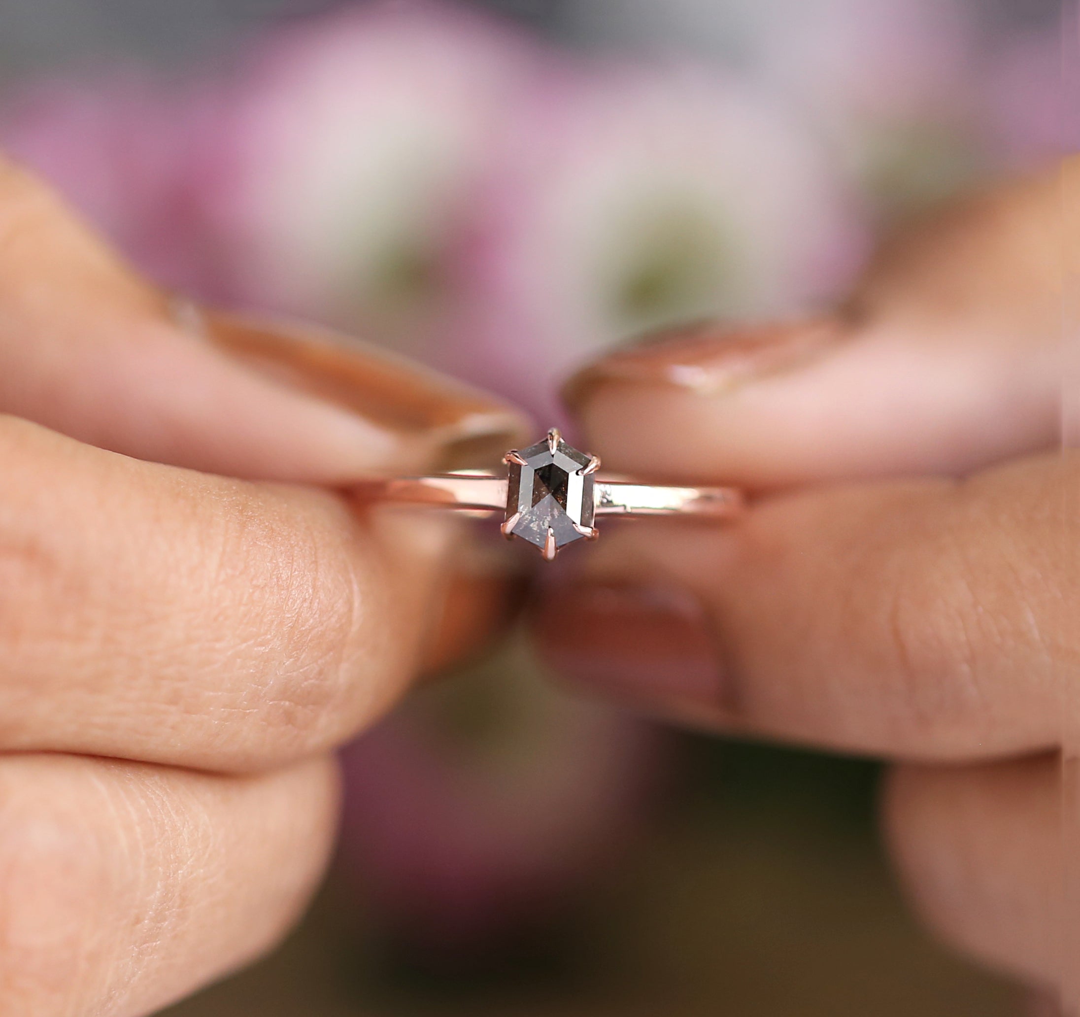 Hexagon Cut Salt And Pepper Diamond Ring 0.50 Ct 5.50 MM Hexagon Diamond Ring 14K Solid Rose Gold Silver Engagement Ring Gift For Her QN1466