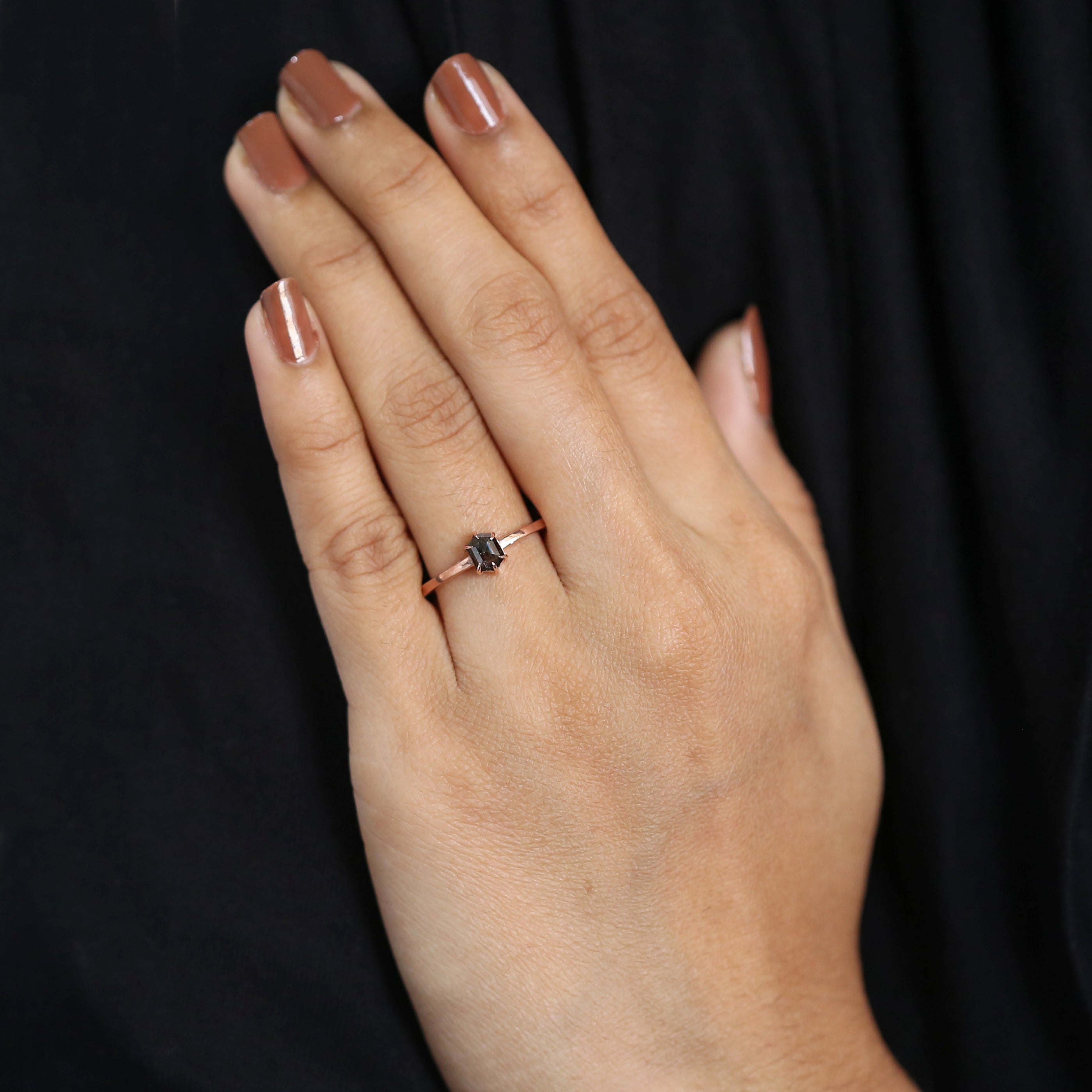 Hexagon Cut Salt And Pepper Diamond Ring 0.50 Ct 5.50 MM Hexagon Diamond Ring 14K Solid Rose Gold Silver Engagement Ring Gift For Her QN1466