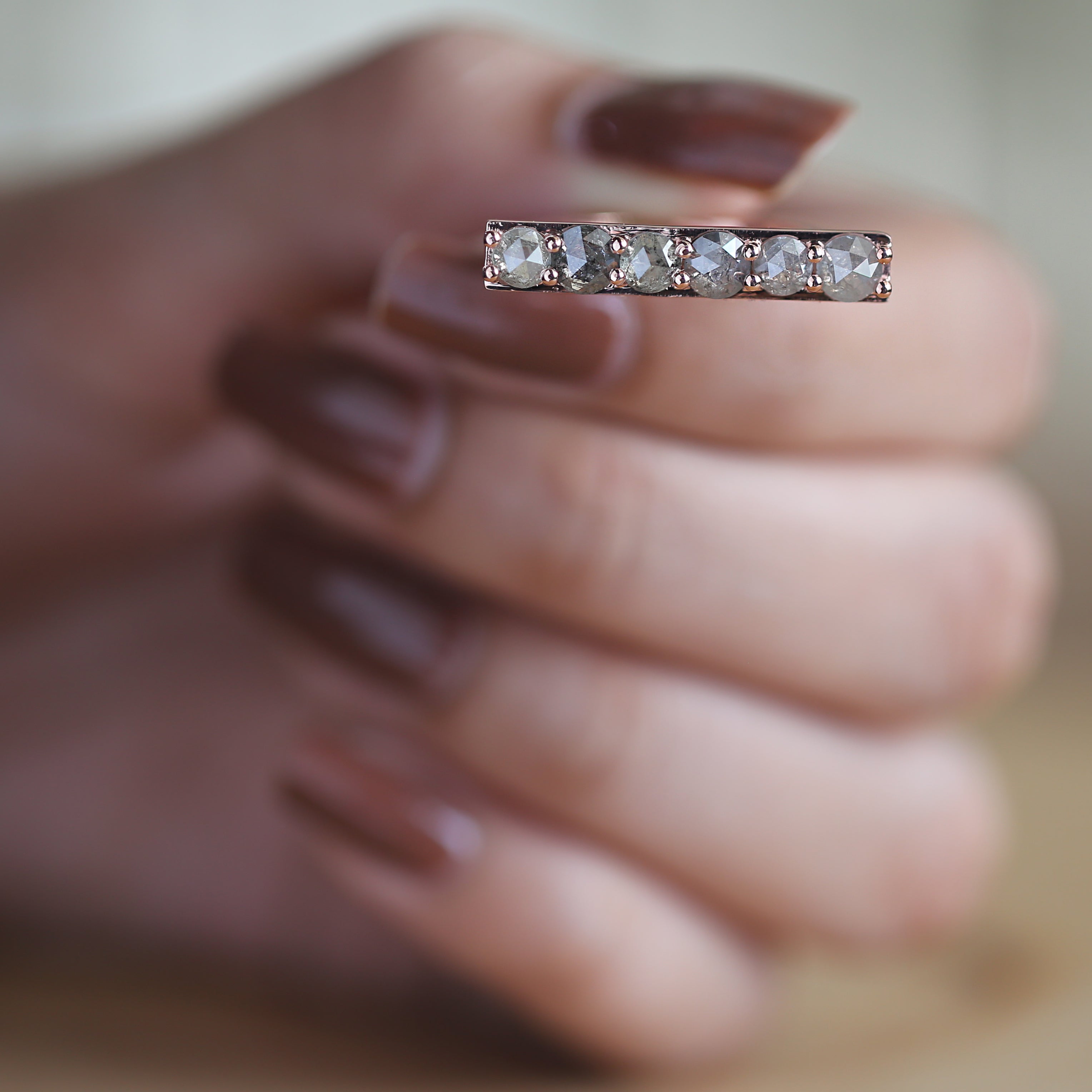 Round Rose Cut Salt And Pepper Diamond Ring 1.66 Ct 4.35 MM Round Diamond Ring 14K Rose Gold Silver Engagement Ring Gift For Her QLB1133