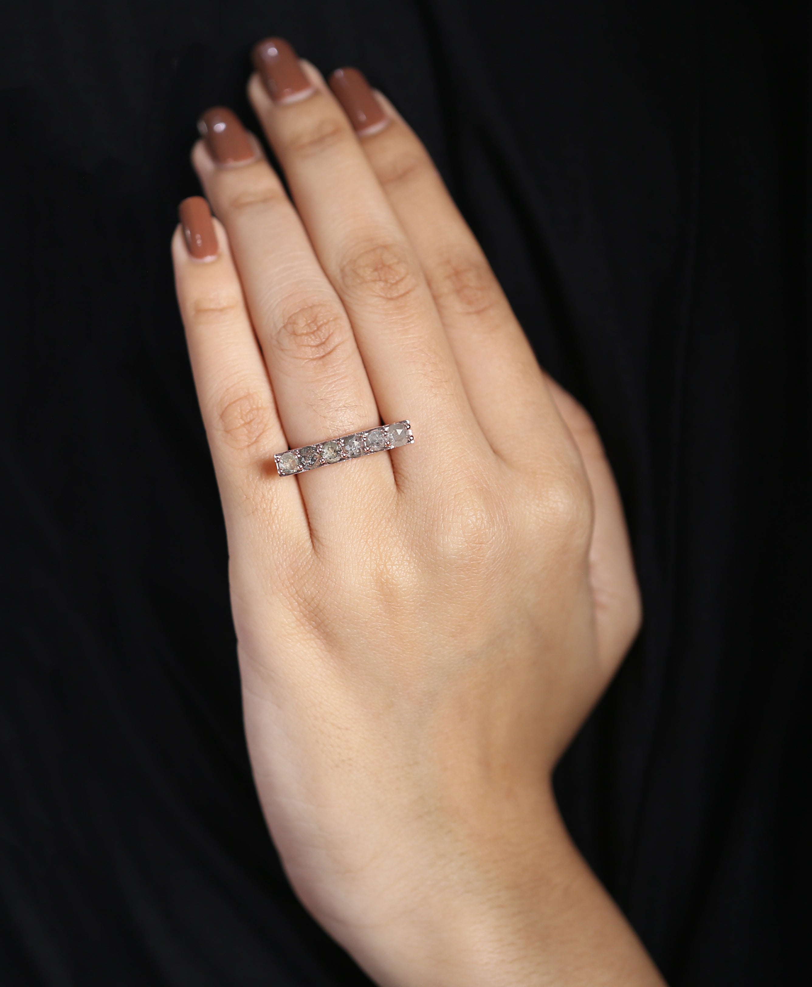 Round Rose Cut Salt And Pepper Diamond Ring 1.66 Ct 4.35 MM Round Diamond Ring 14K Rose Gold Silver Engagement Ring Gift For Her QLB1133