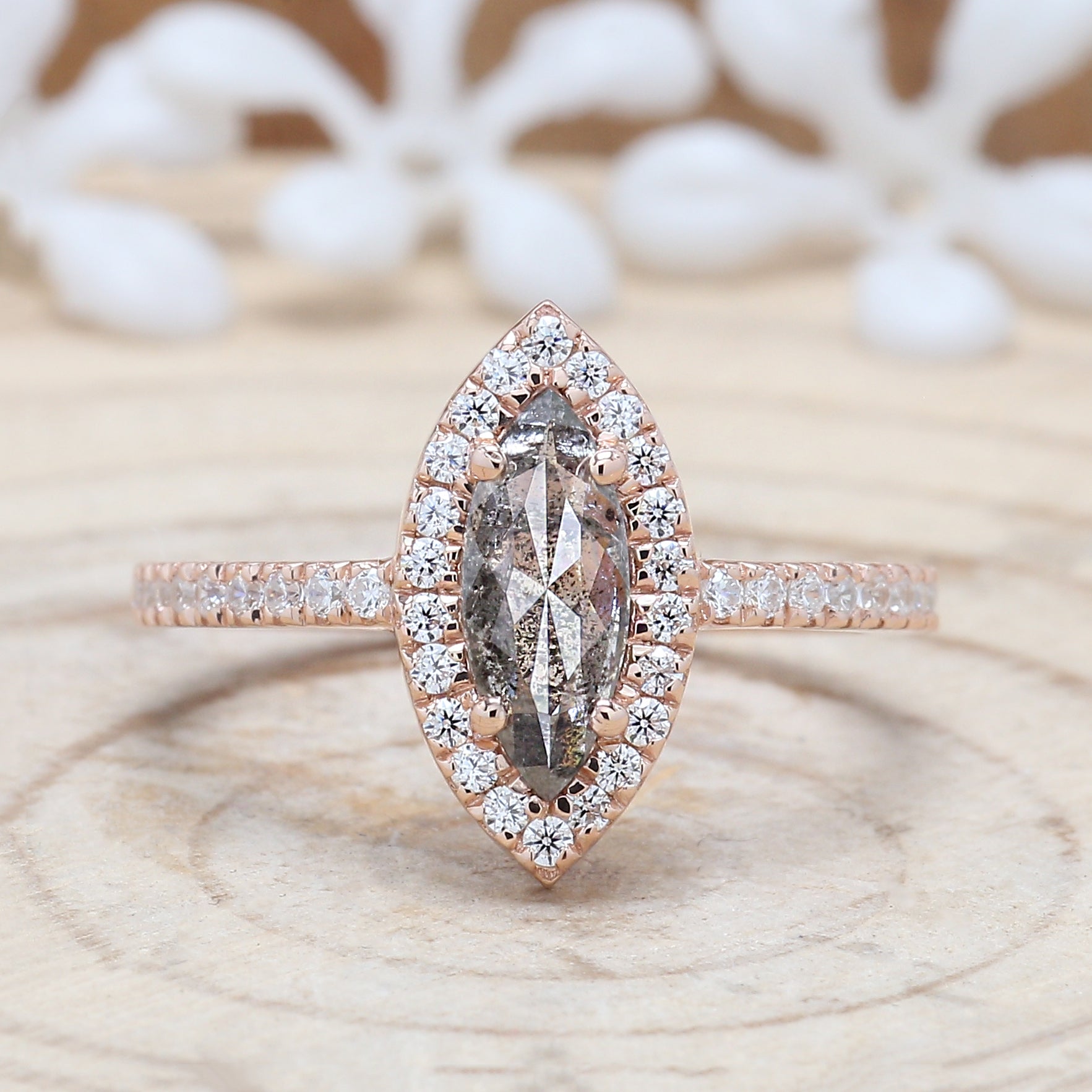 Marquise Salt And Pepper Diamond Ring 0.73 Ct 9.90 MM Marquise Diamond Ring 14K Solid Rose Gold Silver Engagement Ring Gift For Her QL780