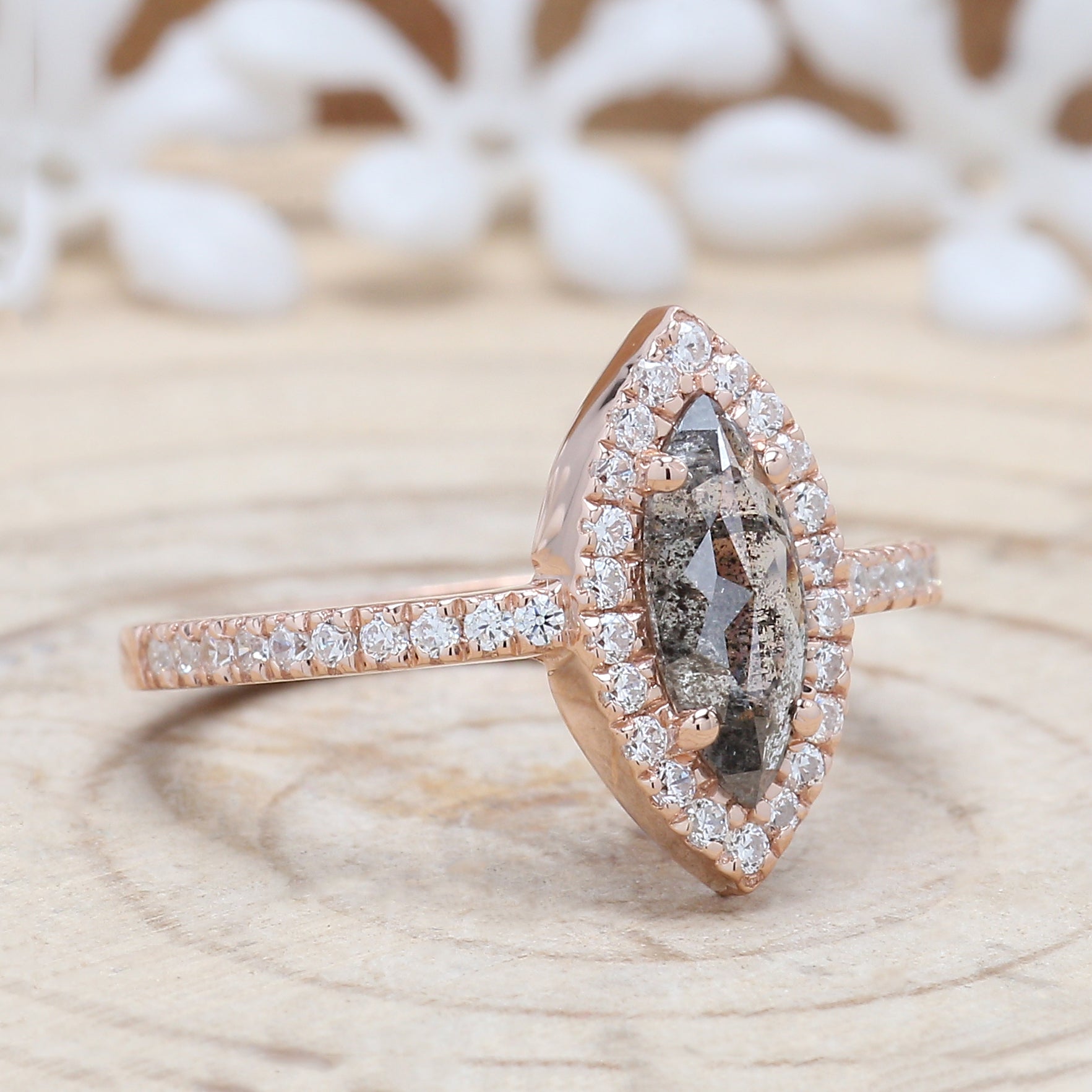 Marquise Salt And Pepper Diamond Ring 0.73 Ct 9.90 MM Marquise Diamond Ring 14K Solid Rose Gold Silver Engagement Ring Gift For Her QL780