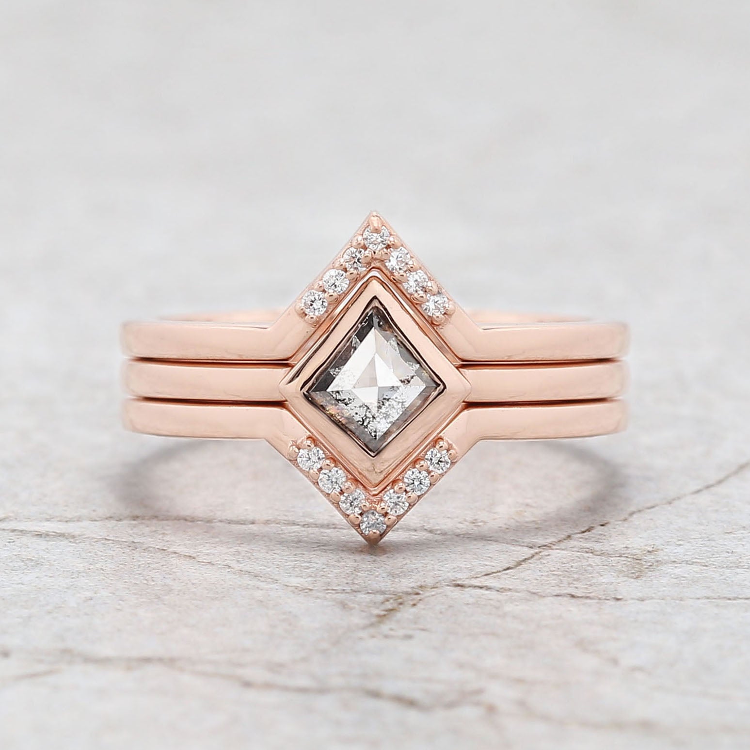 Kite Cut Salt And Pepper Diamond Ring 0.29 Ct 6.00 MM Kite Diamond Ring 14K Solid Rose Gold Silver Kite Engagement Ring Gift For Her QLB3123