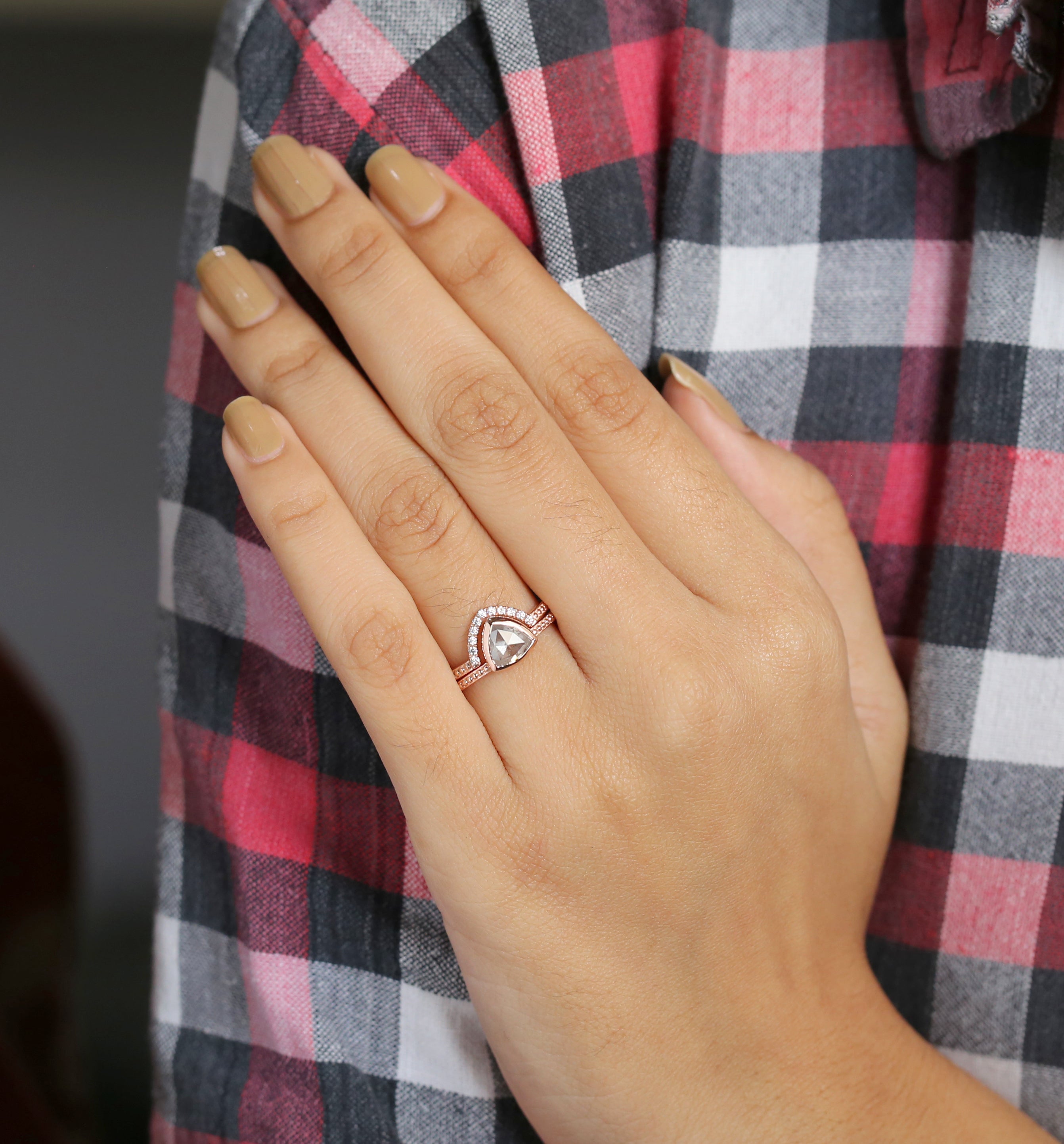Triangle Salt And Pepper Diamond Ring 1.12 Ct 6.60 MM Triangle Diamond Ring 14K Solid Rose Gold Silver Engagement Ring Gift For Her QN8947