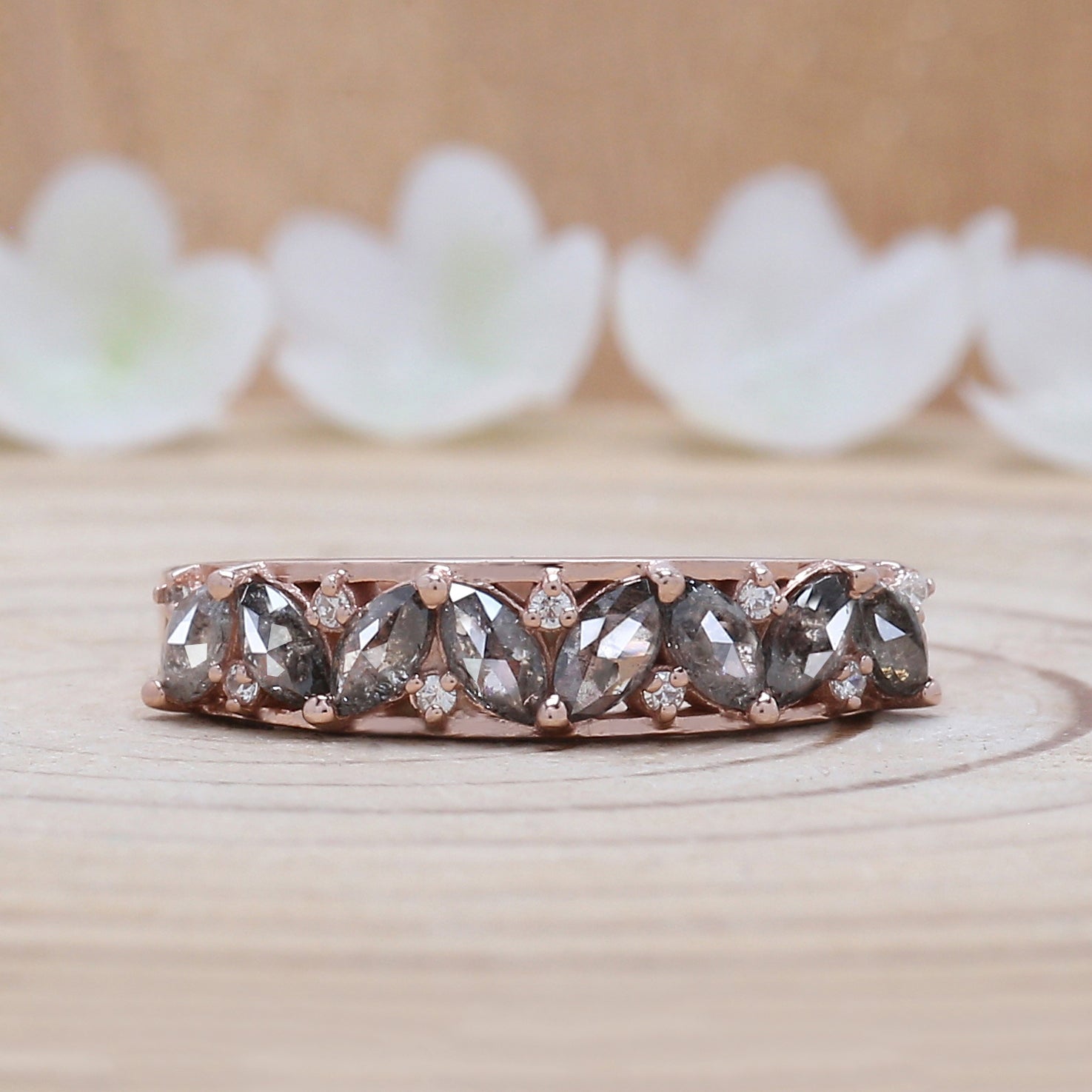 Marquise Cut Salt And Pepper Diamond Ring 0.69 Ct 4.40 MM Marquise Diamond Ring 14K Rose Gold Silver Engagement Ring Gift For Her QN1600