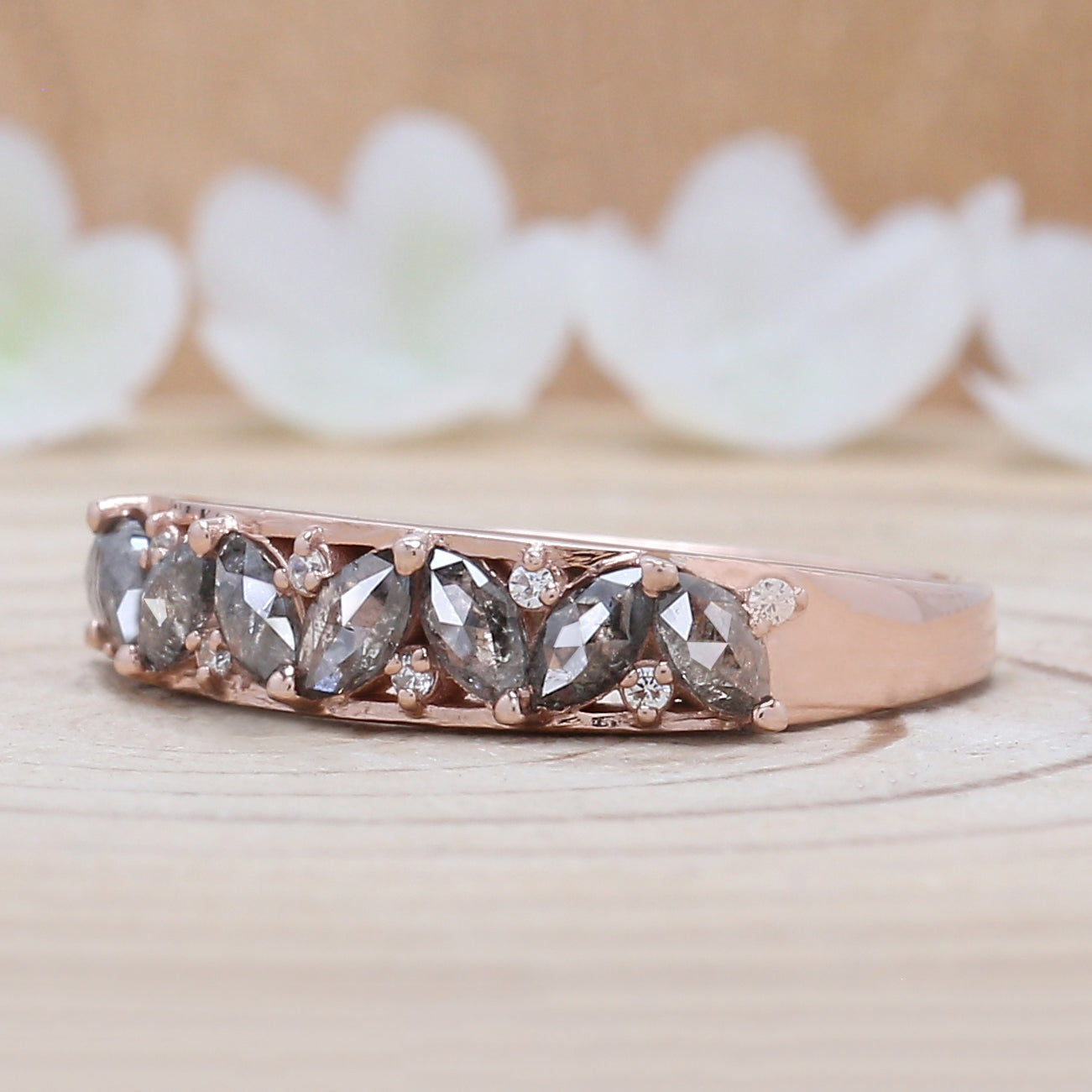 Marquise Cut Salt And Pepper Diamond Ring 0.69 Ct 4.40 MM Marquise Diamond Ring 14K Rose Gold Silver Engagement Ring Gift For Her QN1600