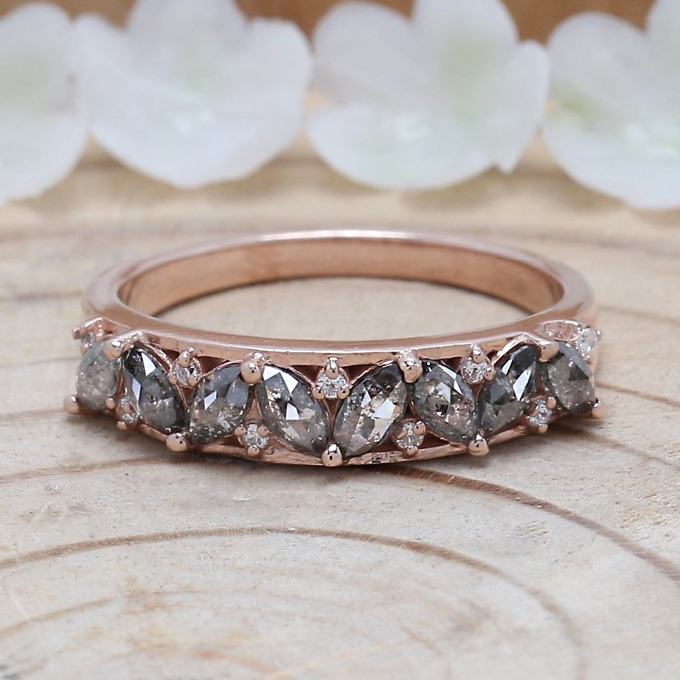 Marquise Cut Salt And Pepper Diamond Ring 0.69 Ct 4.40 MM Marquise Diamond Ring 14K Rose Gold Silver Engagement Ring Gift For Her QN1600