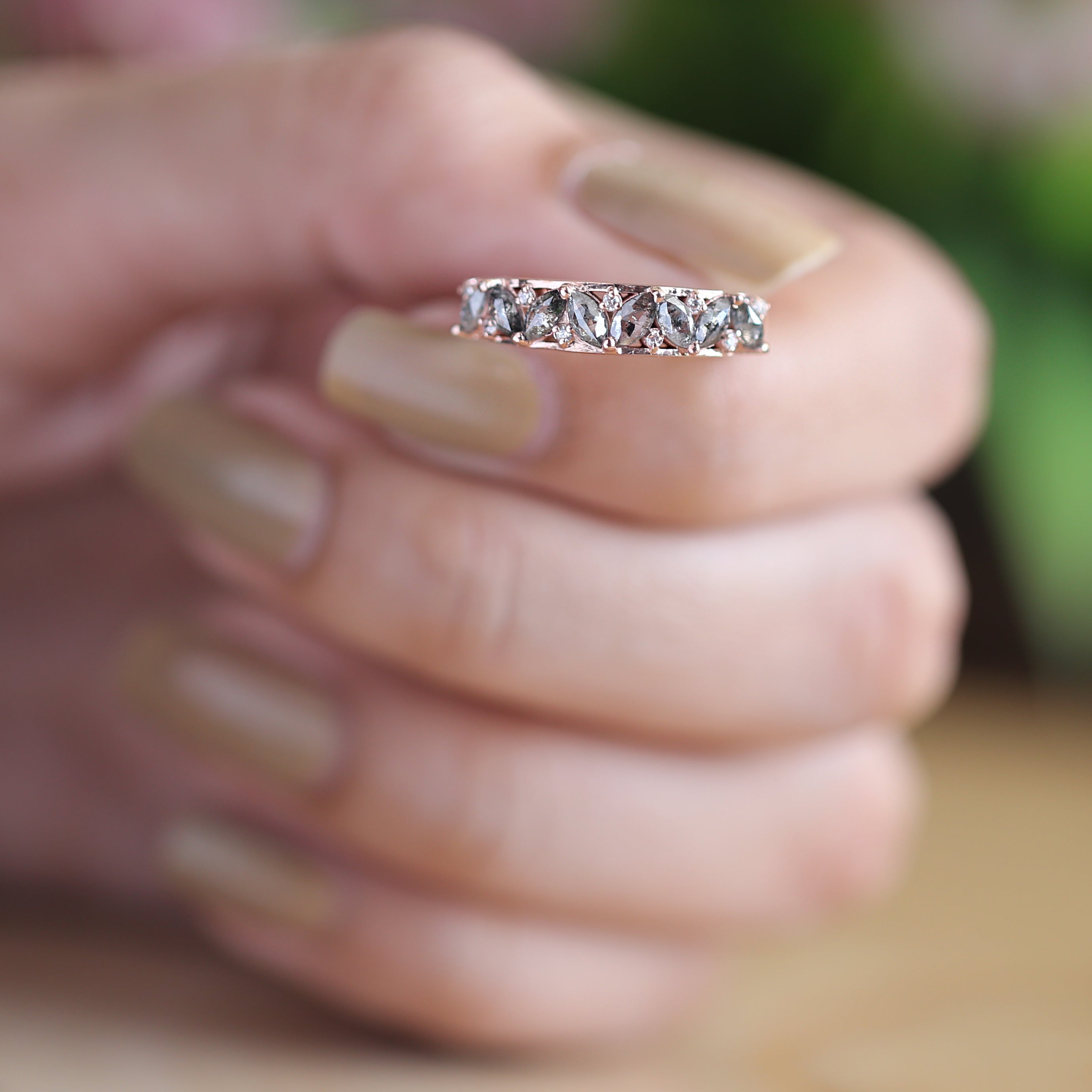 Marquise Cut Salt And Pepper Diamond Ring 0.69 Ct 4.40 MM Marquise Diamond Ring 14K Rose Gold Silver Engagement Ring Gift For Her QN1600