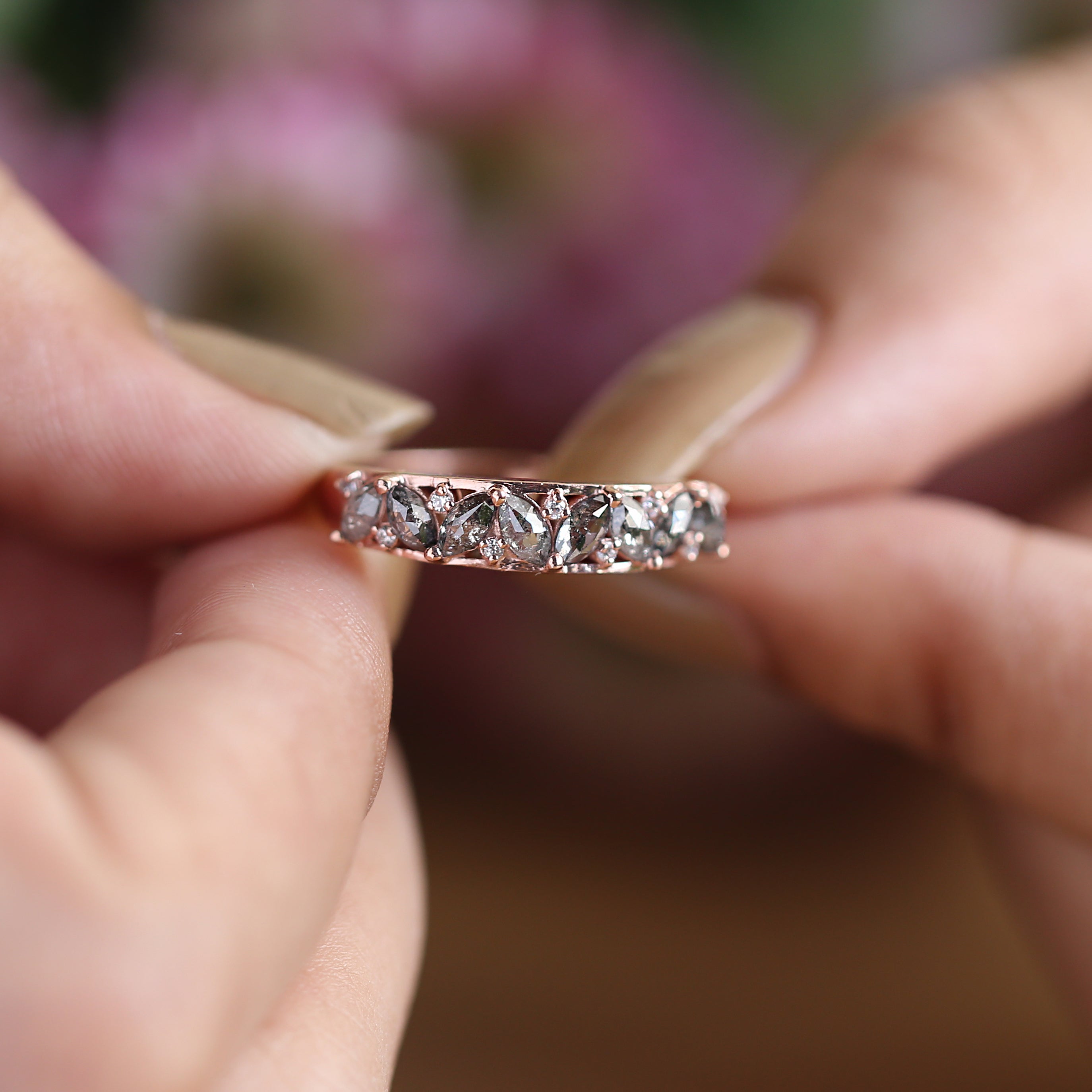 Marquise Cut Salt And Pepper Diamond Ring 0.69 Ct 4.40 MM Marquise Diamond Ring 14K Rose Gold Silver Engagement Ring Gift For Her QN1600