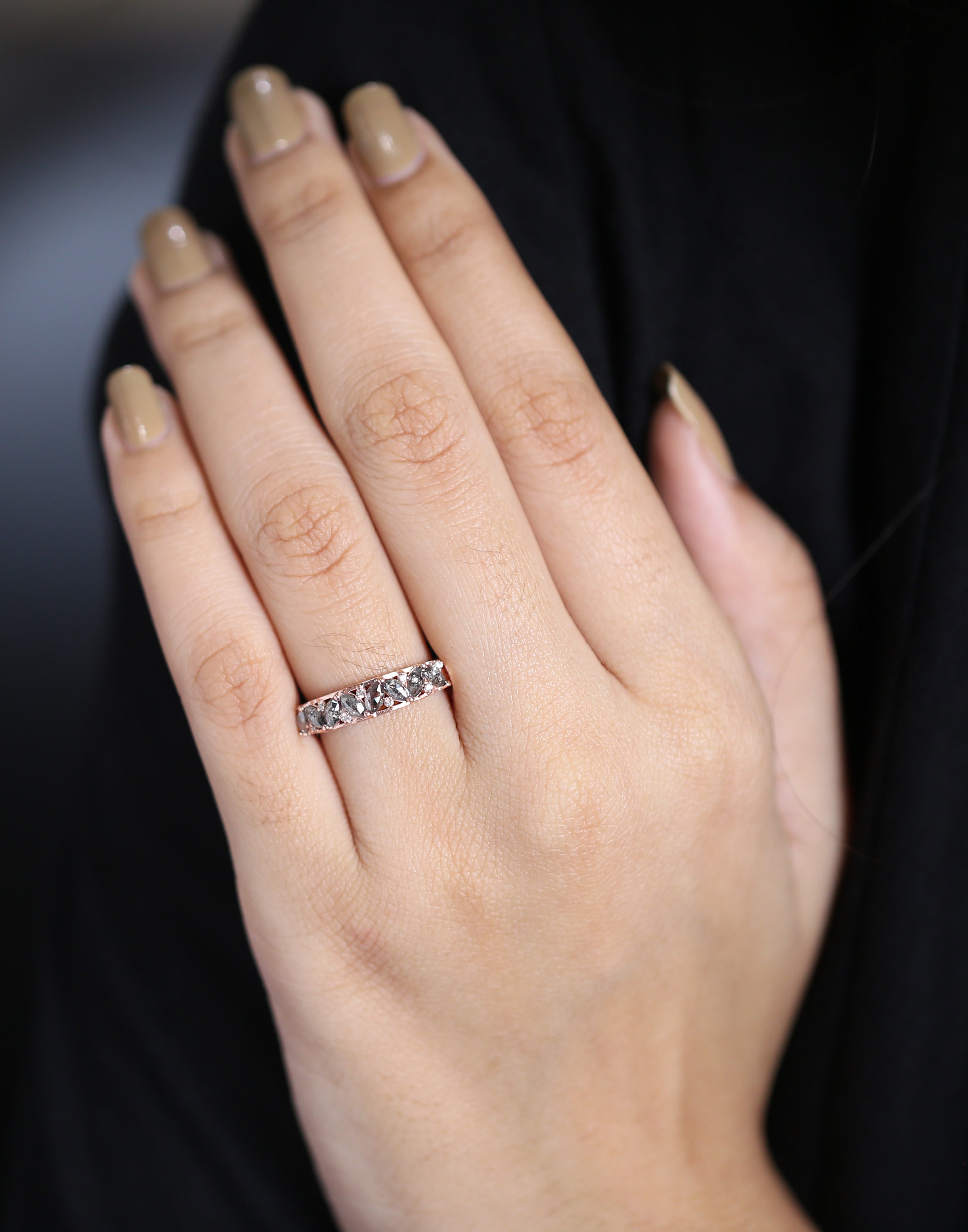 Marquise Cut Salt And Pepper Diamond Ring 0.69 Ct 4.40 MM Marquise Diamond Ring 14K Rose Gold Silver Engagement Ring Gift For Her QN1600