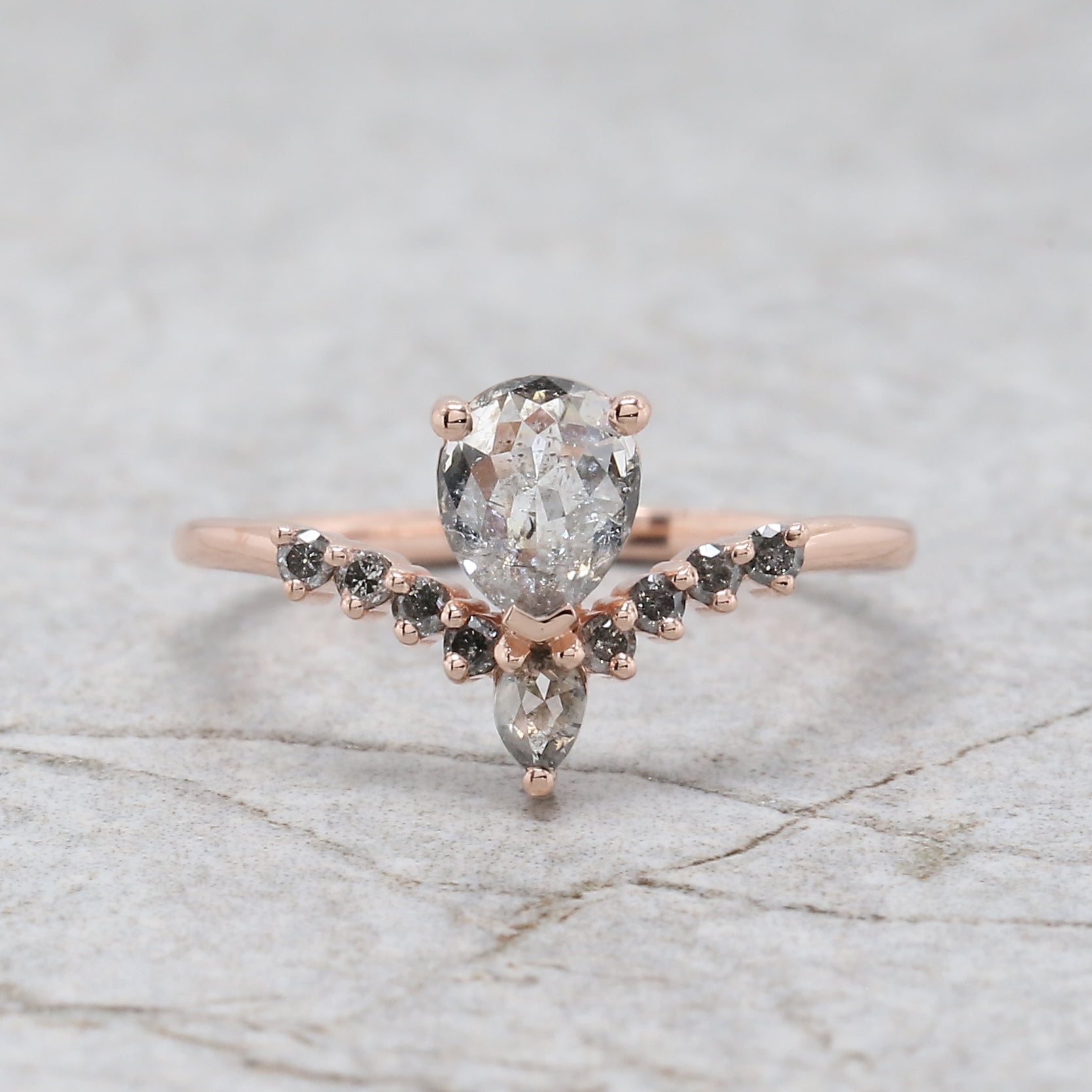 Pear Cut Salt And Pepper Diamond Ring 0.83 Ct 6.35 MM Pear Shape Diamond Ring 14K Solid Rose Gold Silver Engagement Ring Gift For Her QL8506