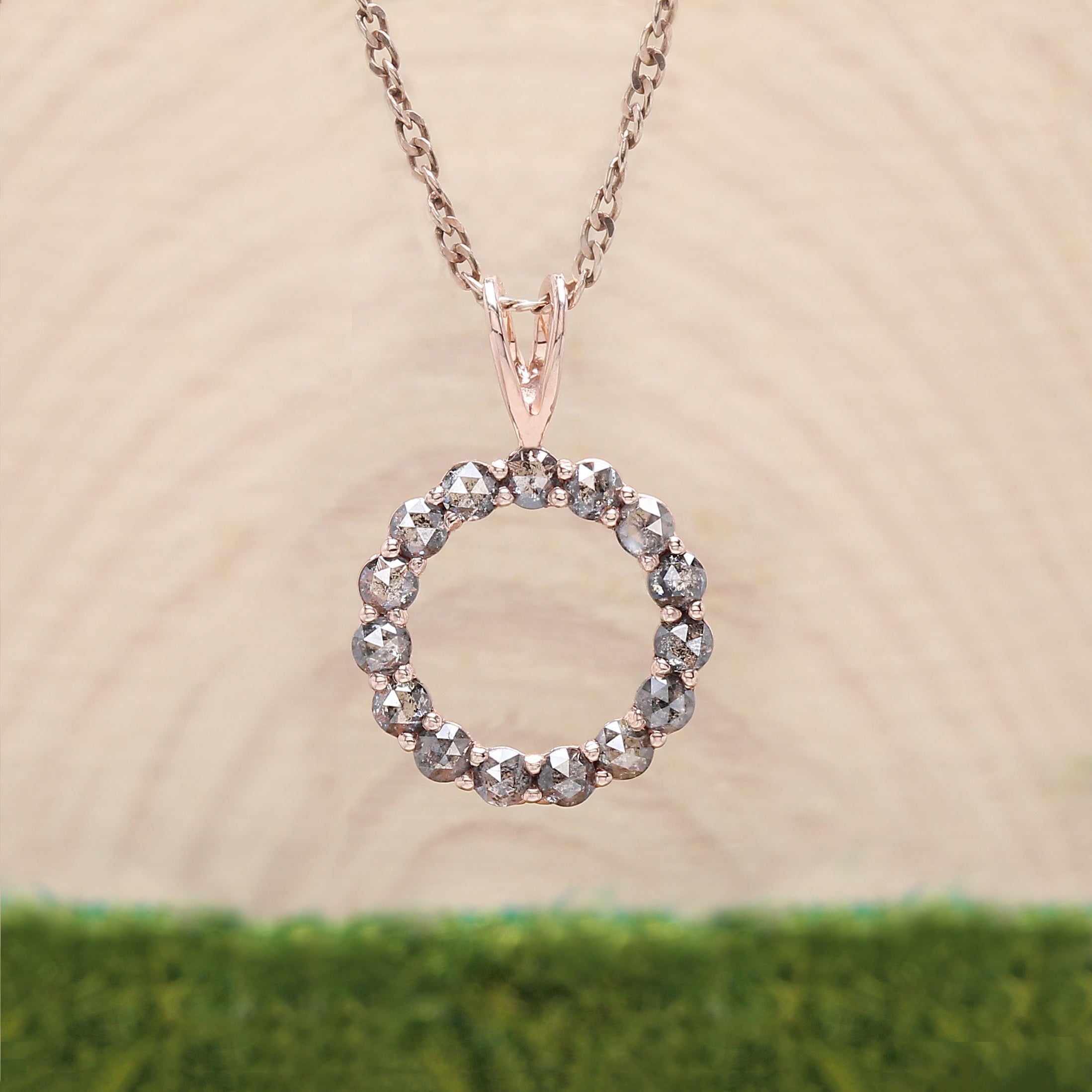 0.86 Ct Natural Round Rose Cut Salt And Pepper Diamond Pendant 2.00 MM Round Cut Diamond Pendant 14K Rose Gold Silver Engagement KD1215