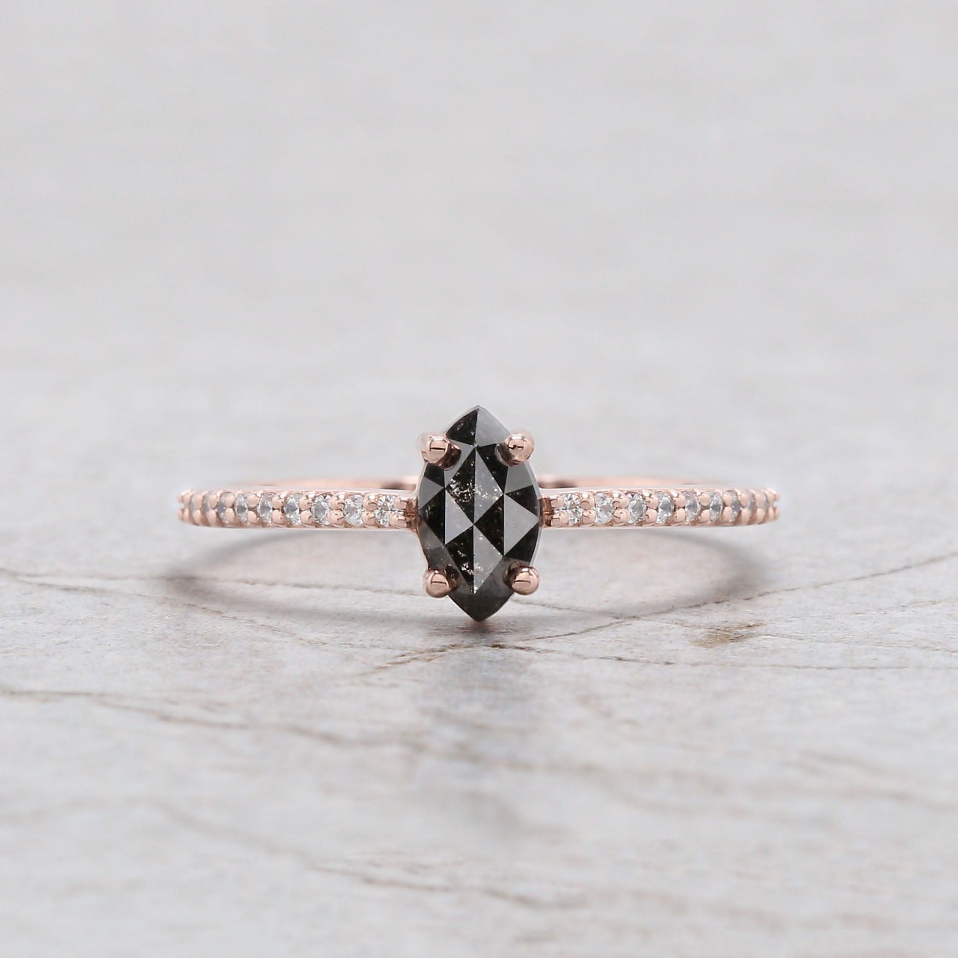 Marquise Salt And Pepper Diamond Ring 0.61 Ct 6.95 MM Marquise Diamond Ring 14K Solid Rose Gold Silver Engagement Ring Gift For Her QL3137