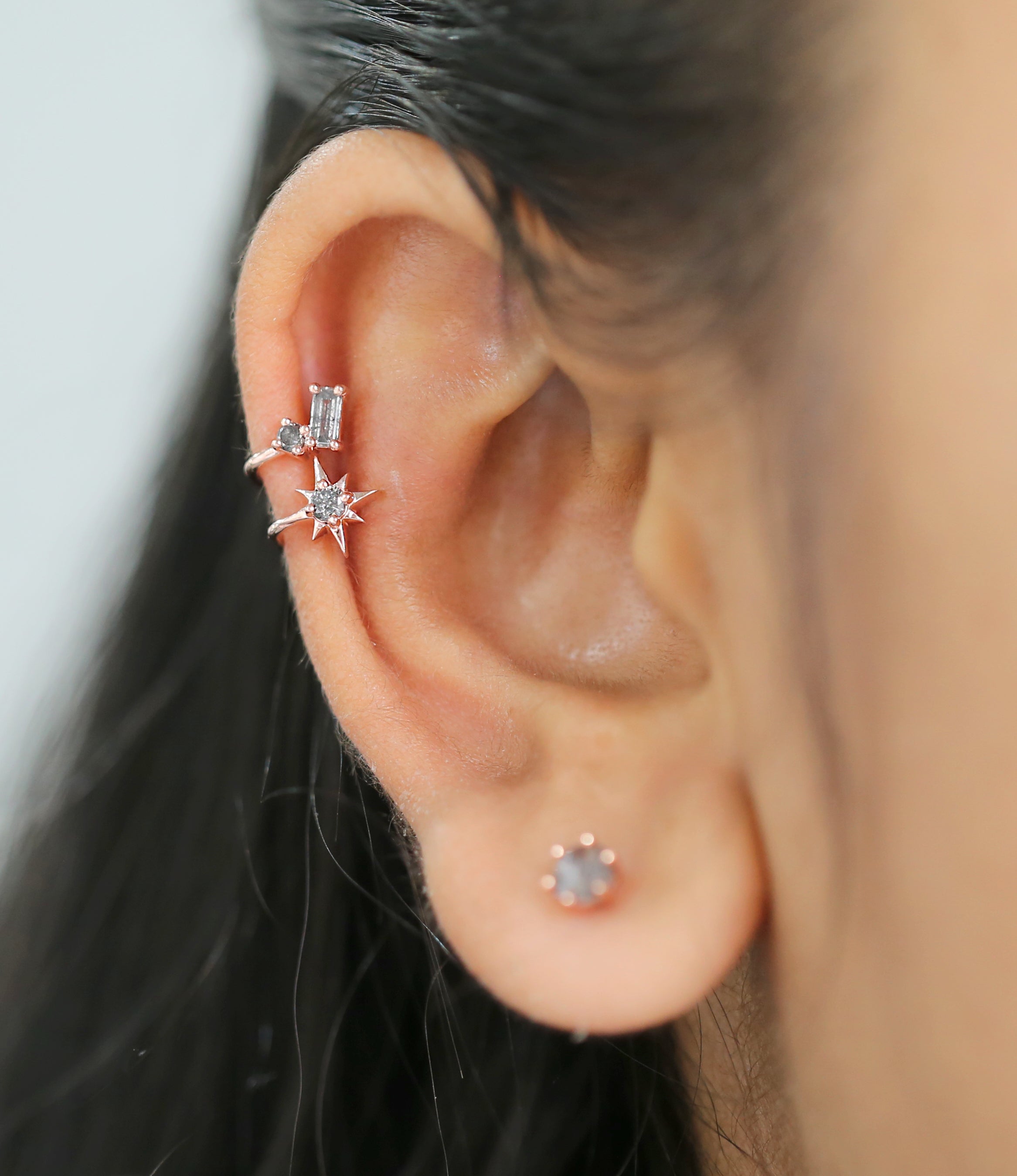 Baguette Round Shape Salt And Pepper Diamond 14K Solid Rose White Yellow Gold Ear Cuff Ring Engagement Wedding Gift Ear Cuff KD1084