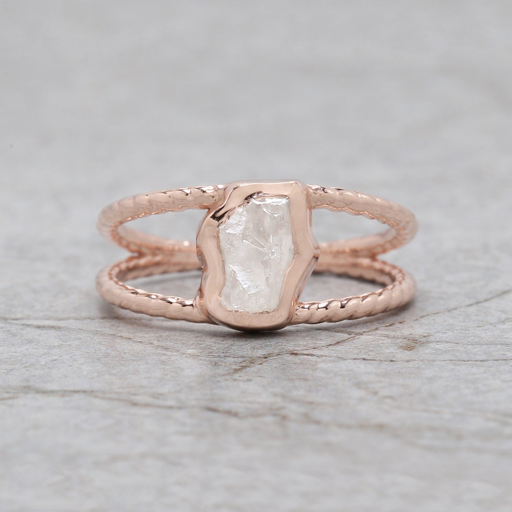 Rough White-F Color Diamond Ring 0.79 Ct 7.85 MM Crystal Rough Diamond Ring 14K Solid Rose Gold Silver Engagement Ring Gift For Her QN503