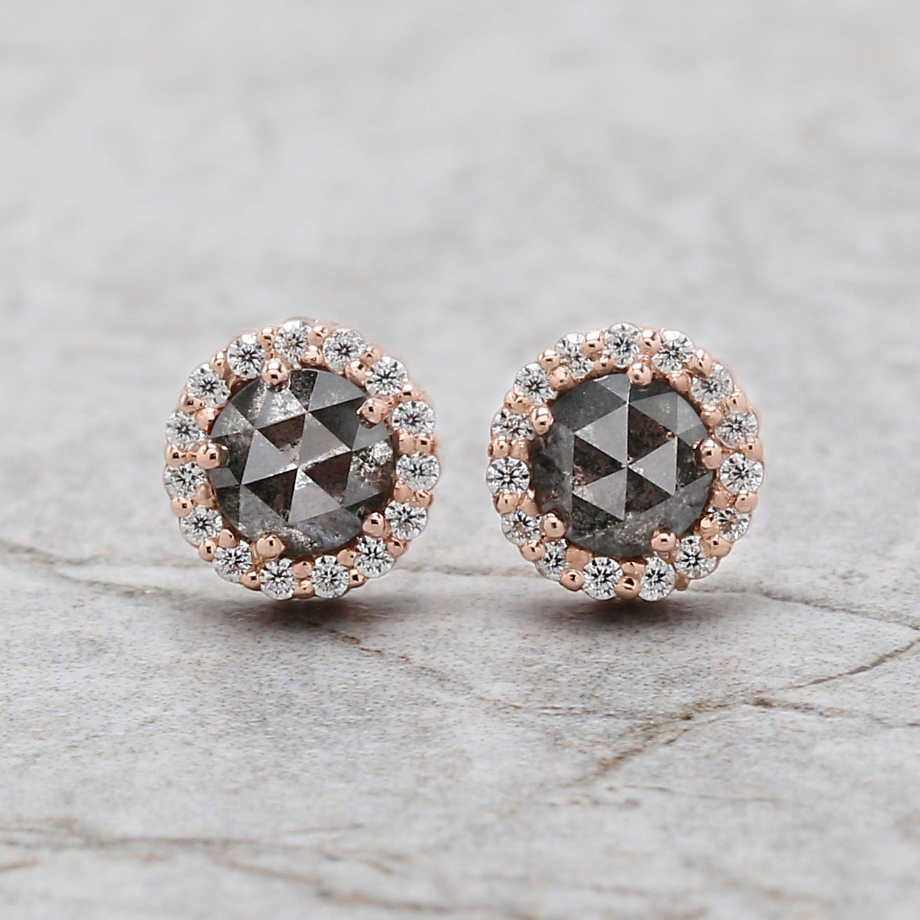 Round Rose Cut Salt And Pepper Diamond Earring 0.78 Ct 4.30 MM Round Diamond Earring 14K Solid Rose Gold Silver Engagement Earring QN1791