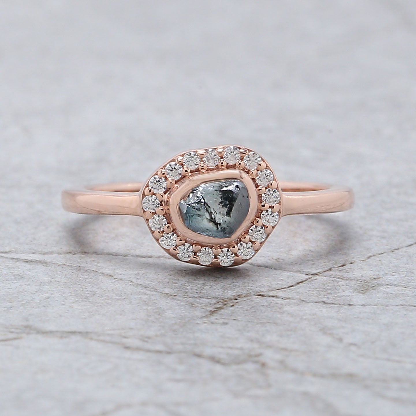Rough Blue Color Diamond Ring 0.81 Ct 5.11 MM Crystal Rough Diamond Ring 14K Solid Rose Gold Silver Engagement Ring Gift For Her QK2519