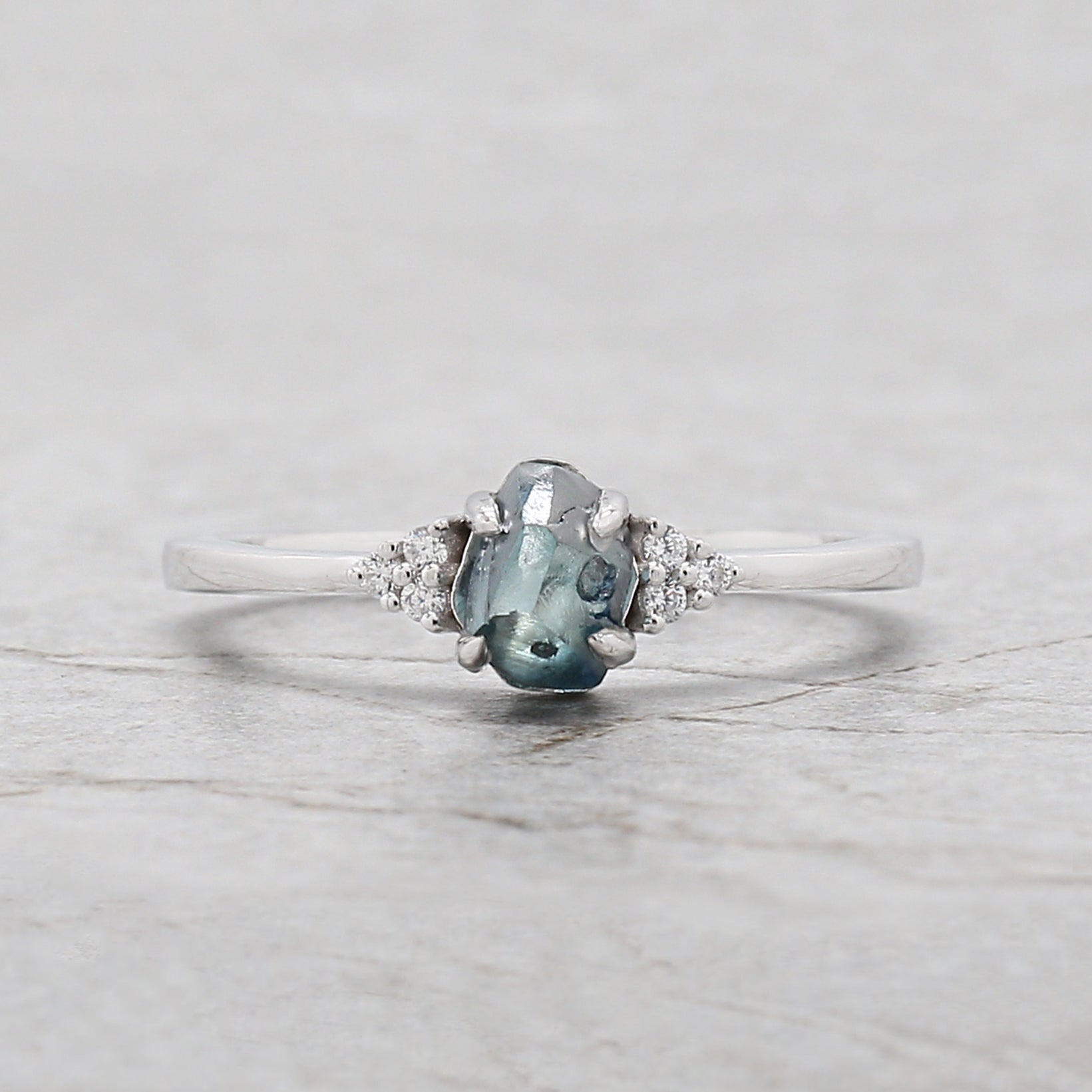 Rough Blue Color Diamond Ring 0.99 Ct 5.83 MM Crystal Rough Diamond Ring 14K Solid White Gold Silver Engagement Ring Gift For Her QL2361