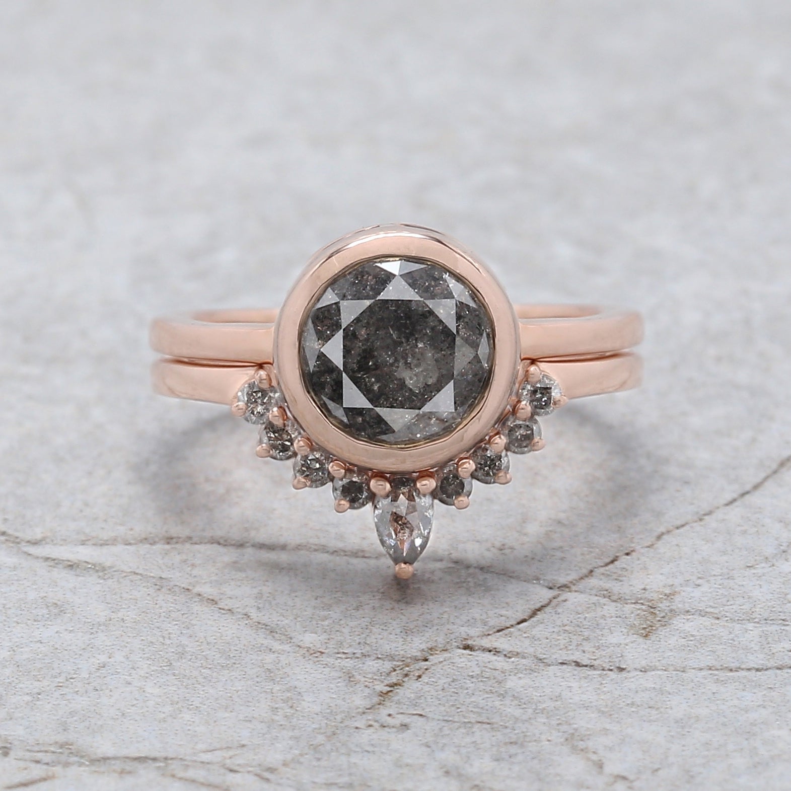 Round Cut Salt And Pepper Diamond Ring 1.96 Ct 7.49 MM Round Diamond Ring 14K Solid Rose Gold Silver Engagement Ring Gift For Her QL8077