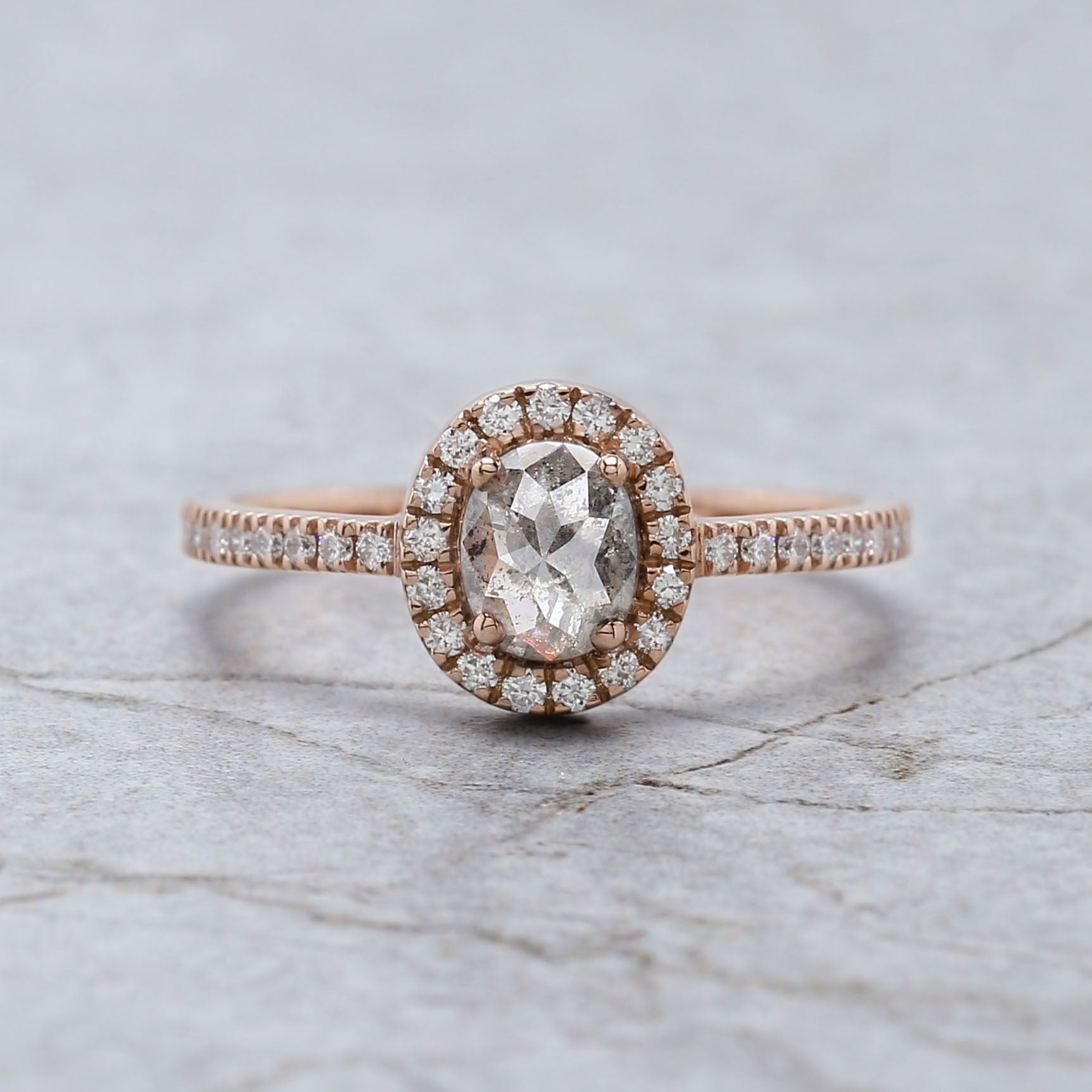 Oval Cut Salt And Pepper Diamond Ring 0.86 Ct 5.90 MM Oval Diamond Ring 14K Solid Rose Gold Silver Oval Engagement Ring Gift For Her QL3027