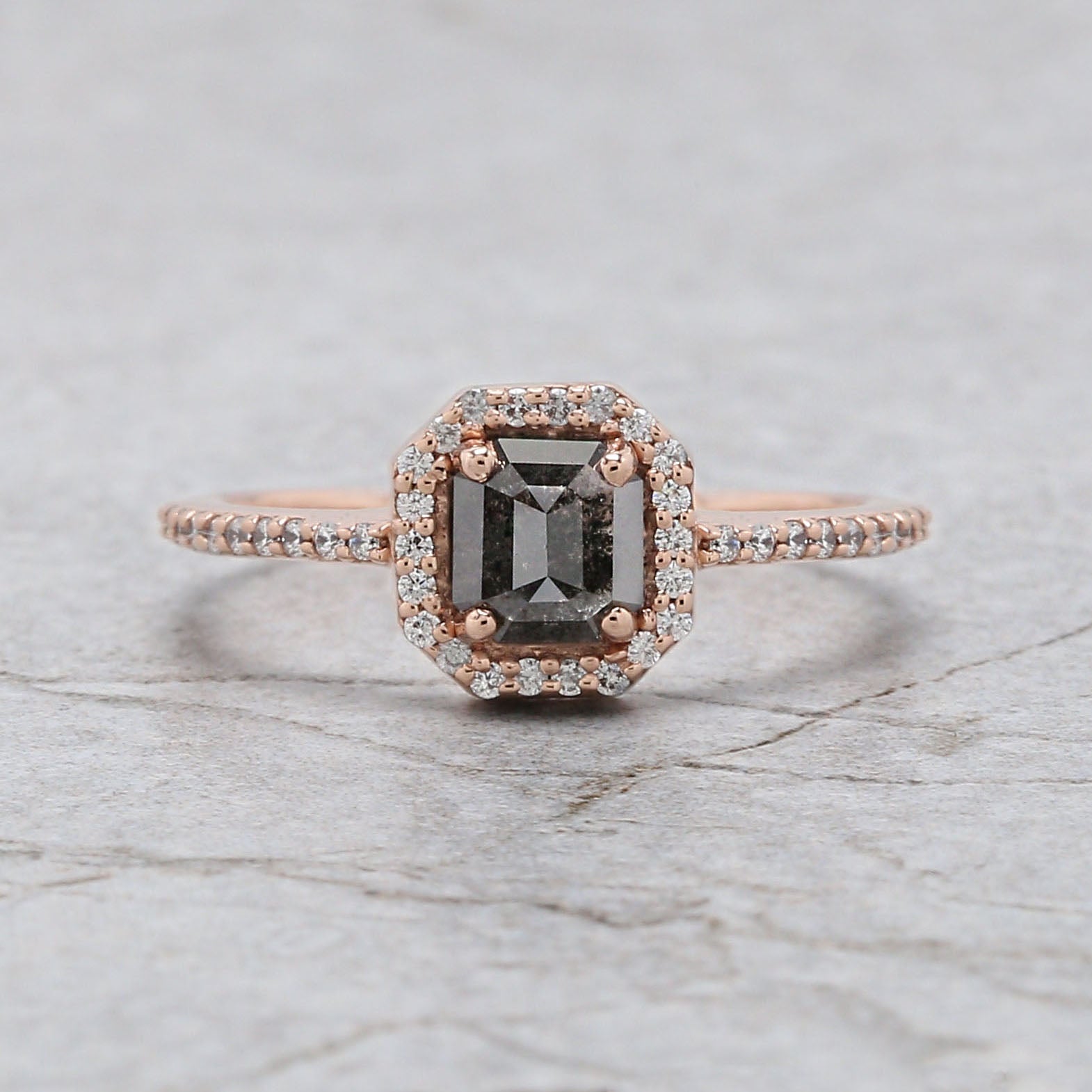 Emerald Cut Salt And Pepper Diamond Ring 0.69 Ct 5.46 MM Emerald Diamond Ring 14K Solid Rose Gold Silver Engagement Ring Gift For Her QL3129