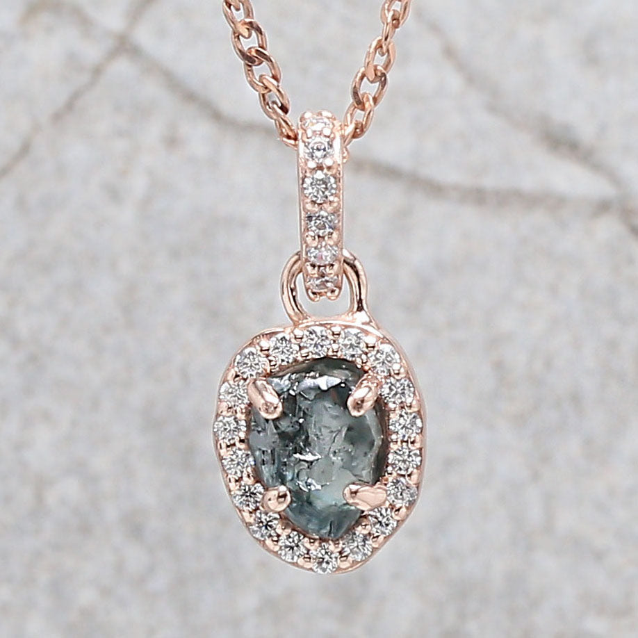 Rough Blue Color Diamond Pendant 1.04 Ct 6.61 MM Uncut Diamond Pendant 14K Solid Rose Gold Silver Engagement Pendant Gift For Her QL2256