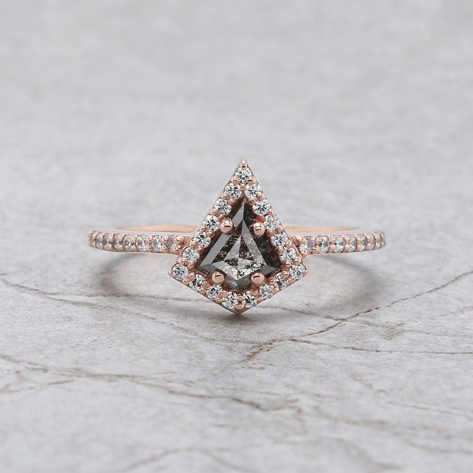Kite Cut Salt And Pepper Diamond Ring 0.53 Ct 6.30 MM Kite Diamond Ring 14K Solid Rose Gold Silver Kite Engagement Ring Gift For Her QL3131