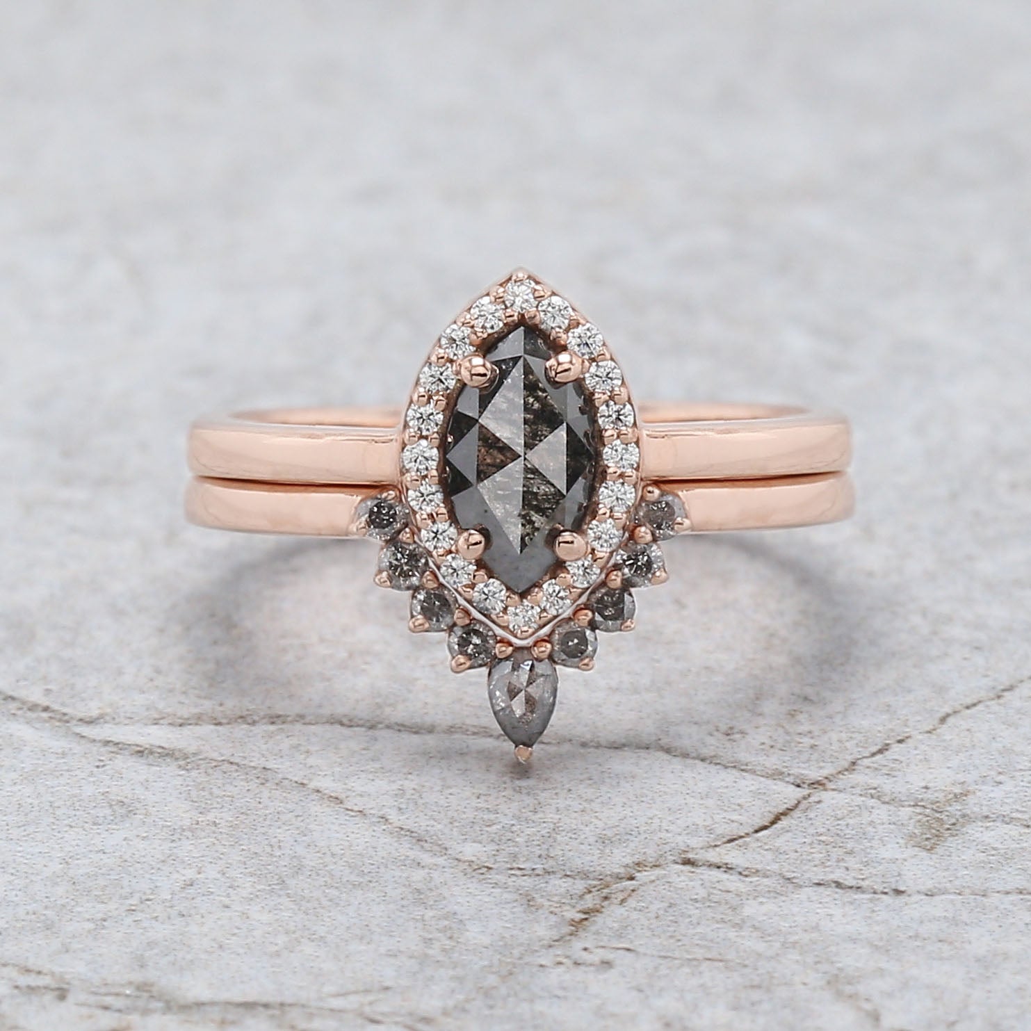 Marquise Cut Salt And Pepper Diamond Ring 0.55 Ct 7.50 MM Marquise Diamond Ring 14K Rose Gold Silver Engagement Ring Gift For Her QL3120