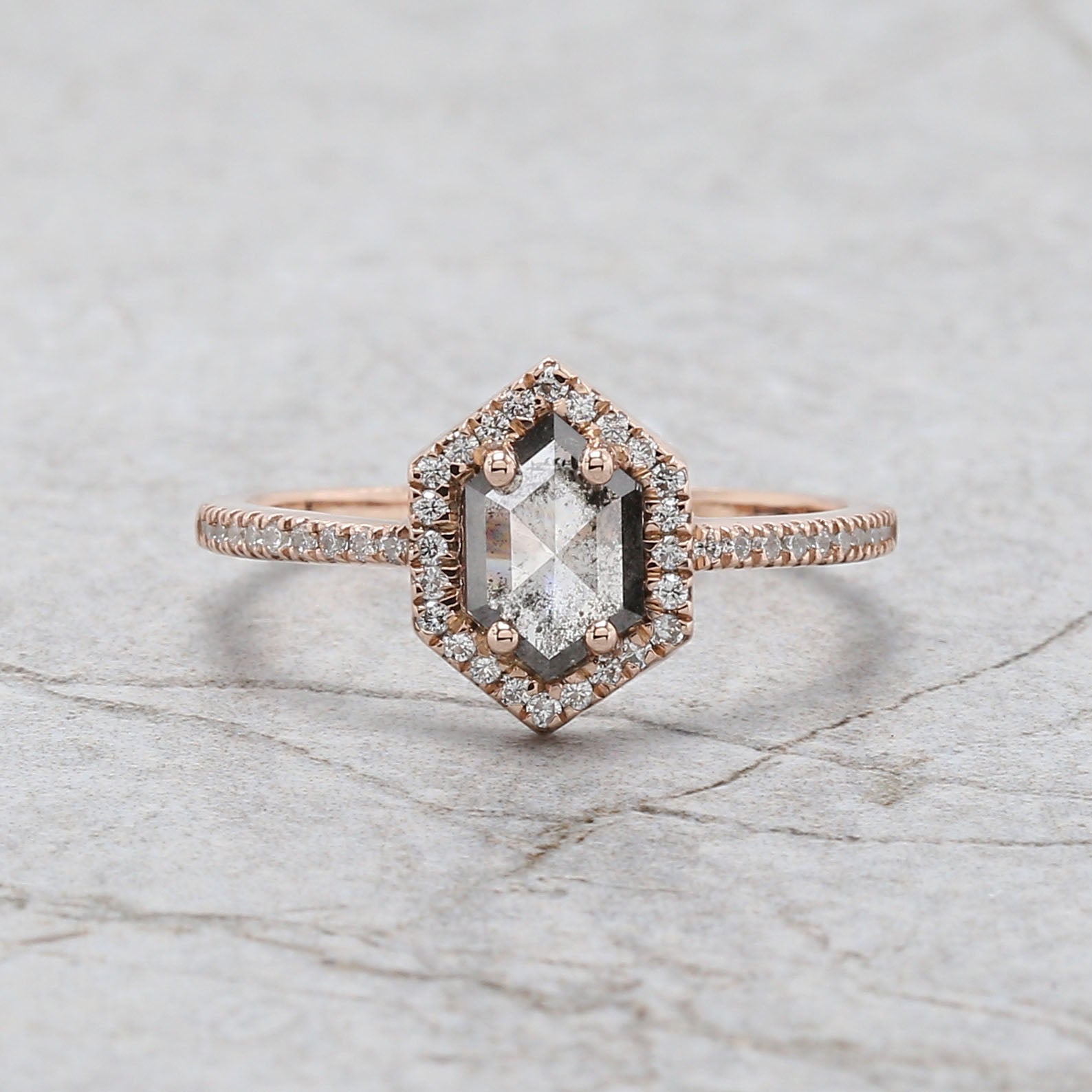Hexagon Cut Salt And Pepper Diamond Ring 0.45 Ct 7.15 MM Hexagon Diamond Ring 14K Solid Rose Gold Silver Engagement Ring Gift For Her QL3132