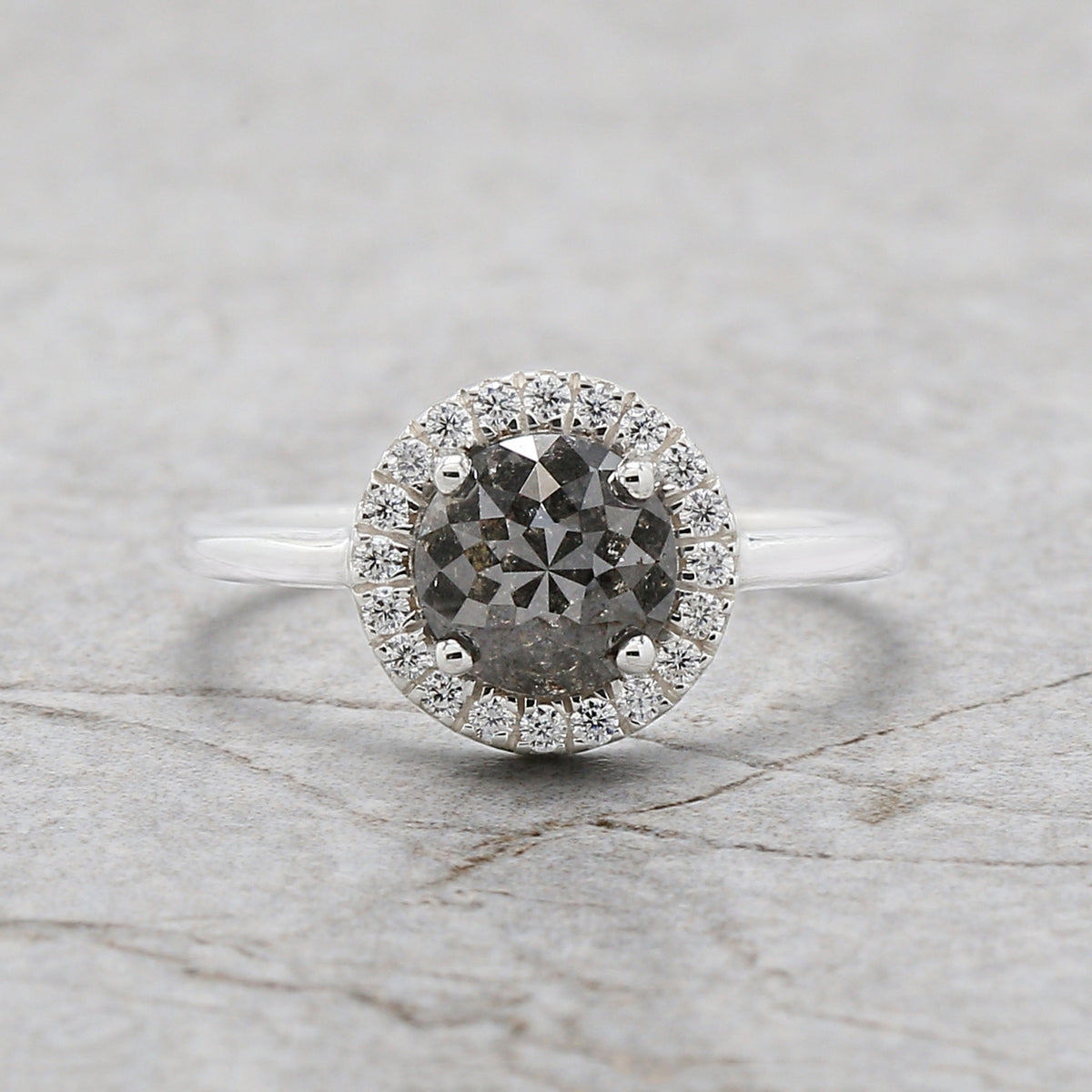1.50 Ct Natural Rose Cut Salt And Pepper Diamond Ring 6.65 MM Round Rose Cut Diamond Ring 14K Solid White Gold Silver Engagement Ring QN770